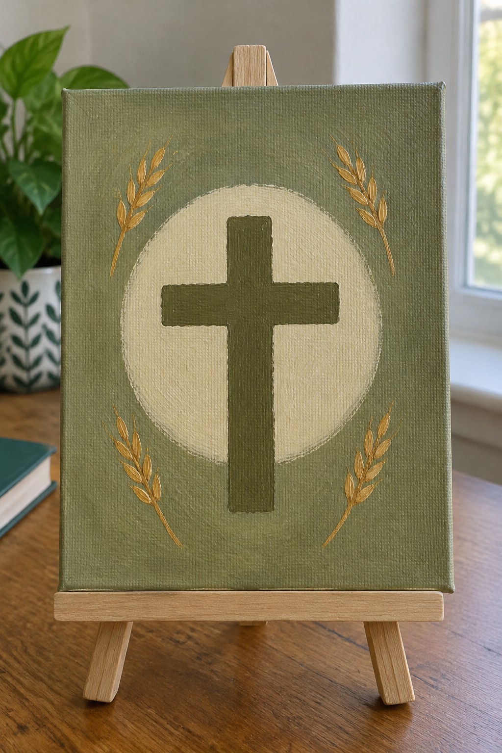 Green canvas on easel with olive cross, beige circle, and golden wheat stalks.