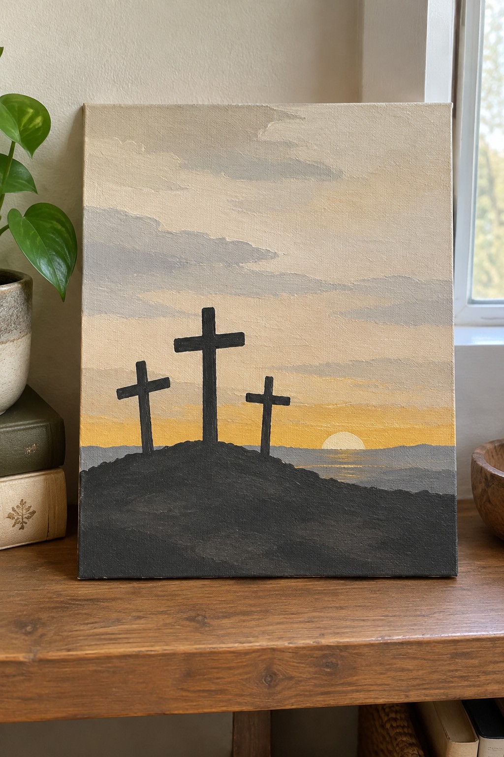 Three crosses silhouetted on a hill against a yellow-orange sunset sky on canvas