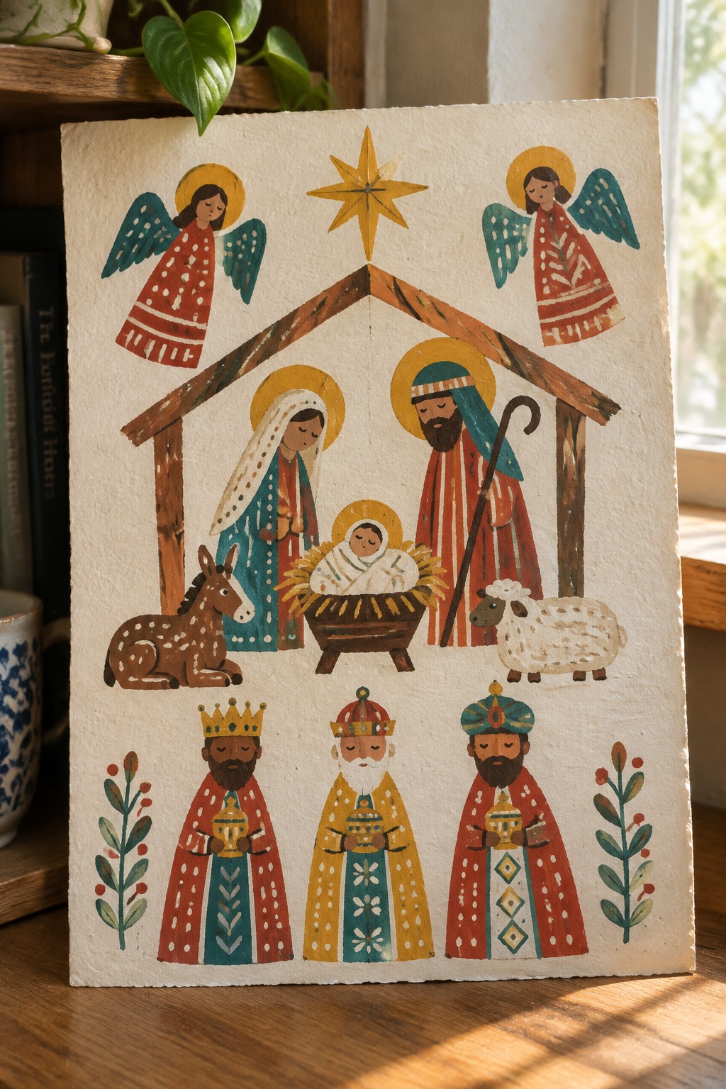 Vibrant folk art nativity with angels, robed kings, animals, and wooden stable.