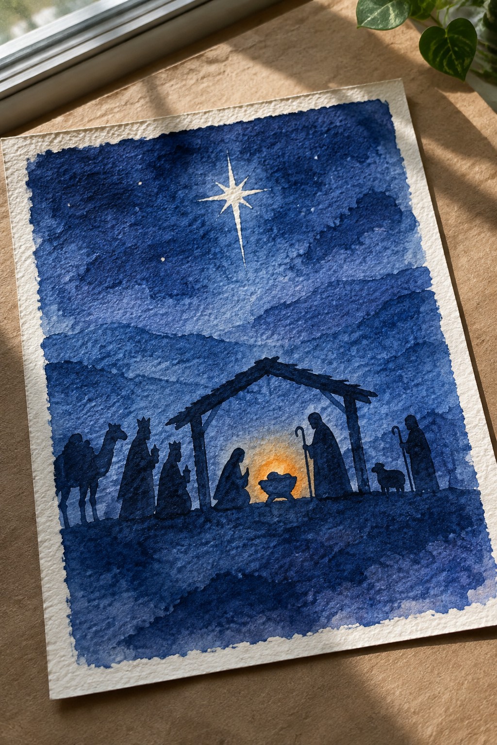 Blue watercolor nativity with silhouetted figures, manger, star, and mountain silhouettes.
