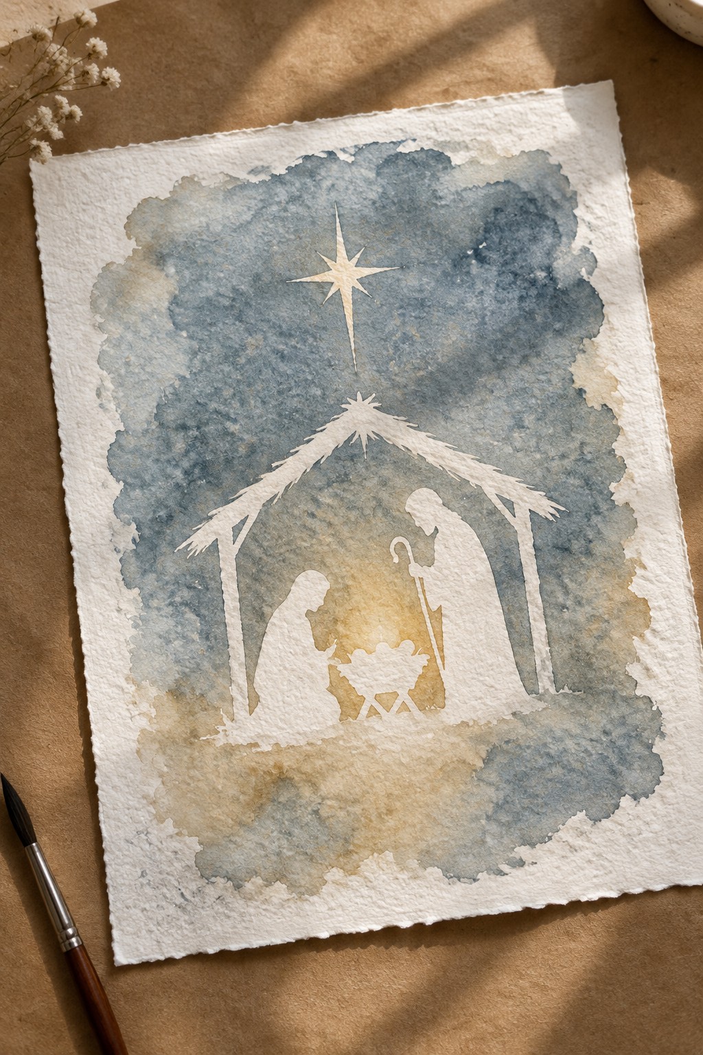 Watercolor nativity with white silhouettes of Mary, Joseph, and manger under a glowing star.