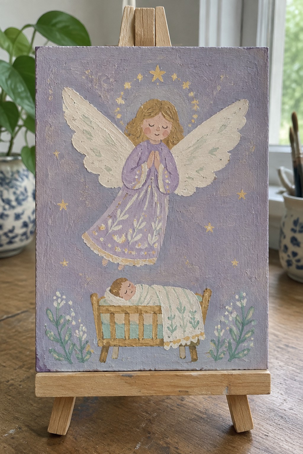 Angel in purple dress with wings above baby in wooden crib, gold stars on lavender background