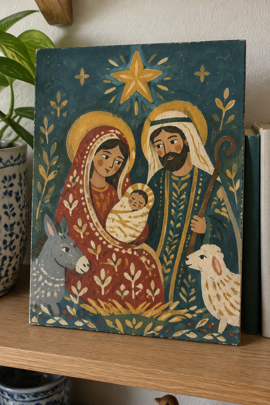 Folk art nativity with Mary, Joseph, swaddled infant, donkey, and sheep under golden star
