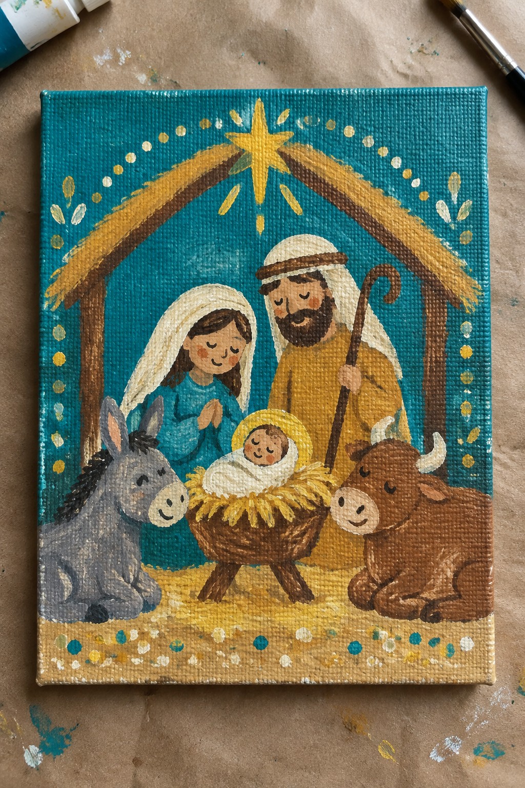 Colorful nativity painting with Mary in blue veil, Joseph holding staff, donkey, cow, and golden star.