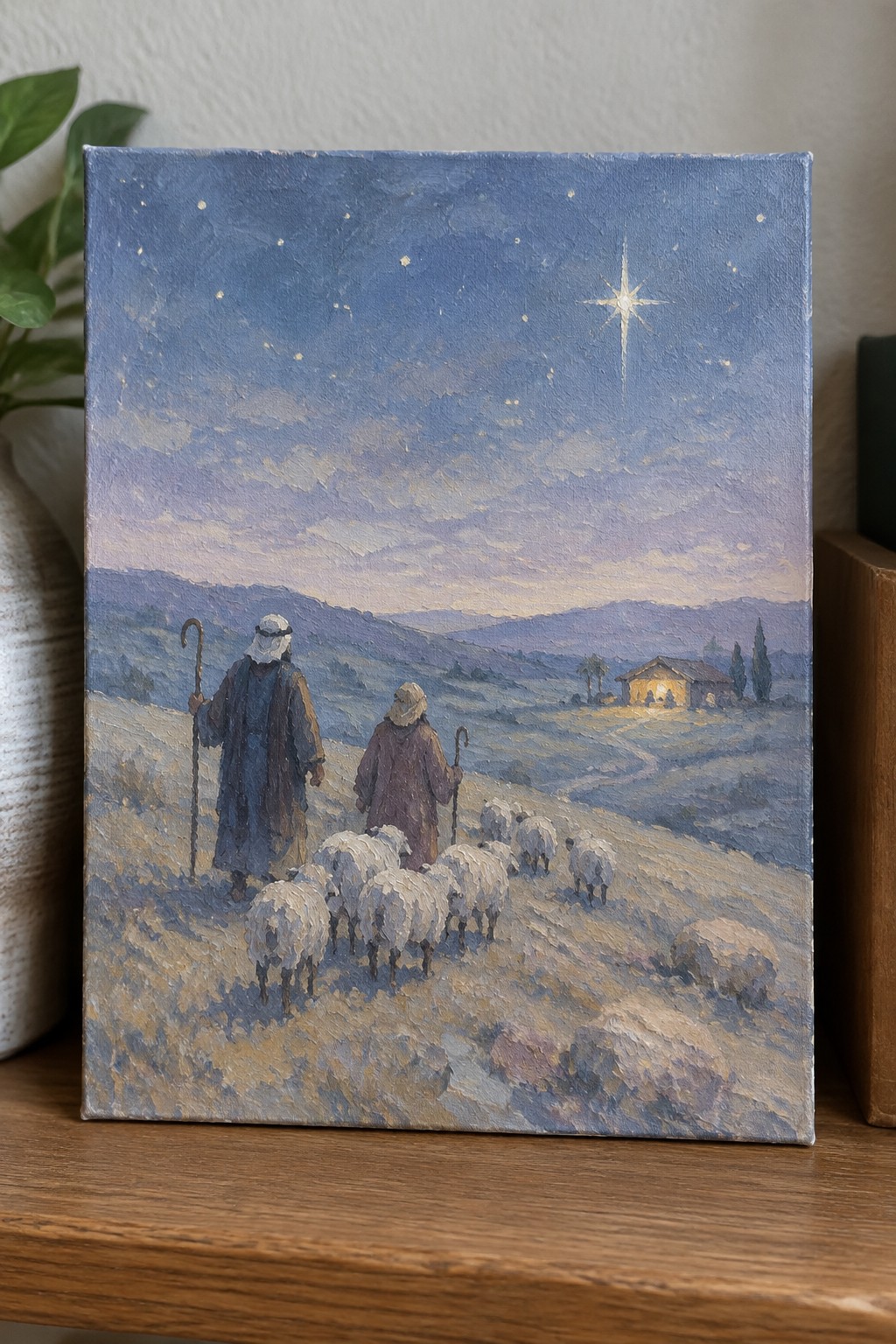 Robed shepherds with crooks guide sheep toward a glowing stable under a bright star.