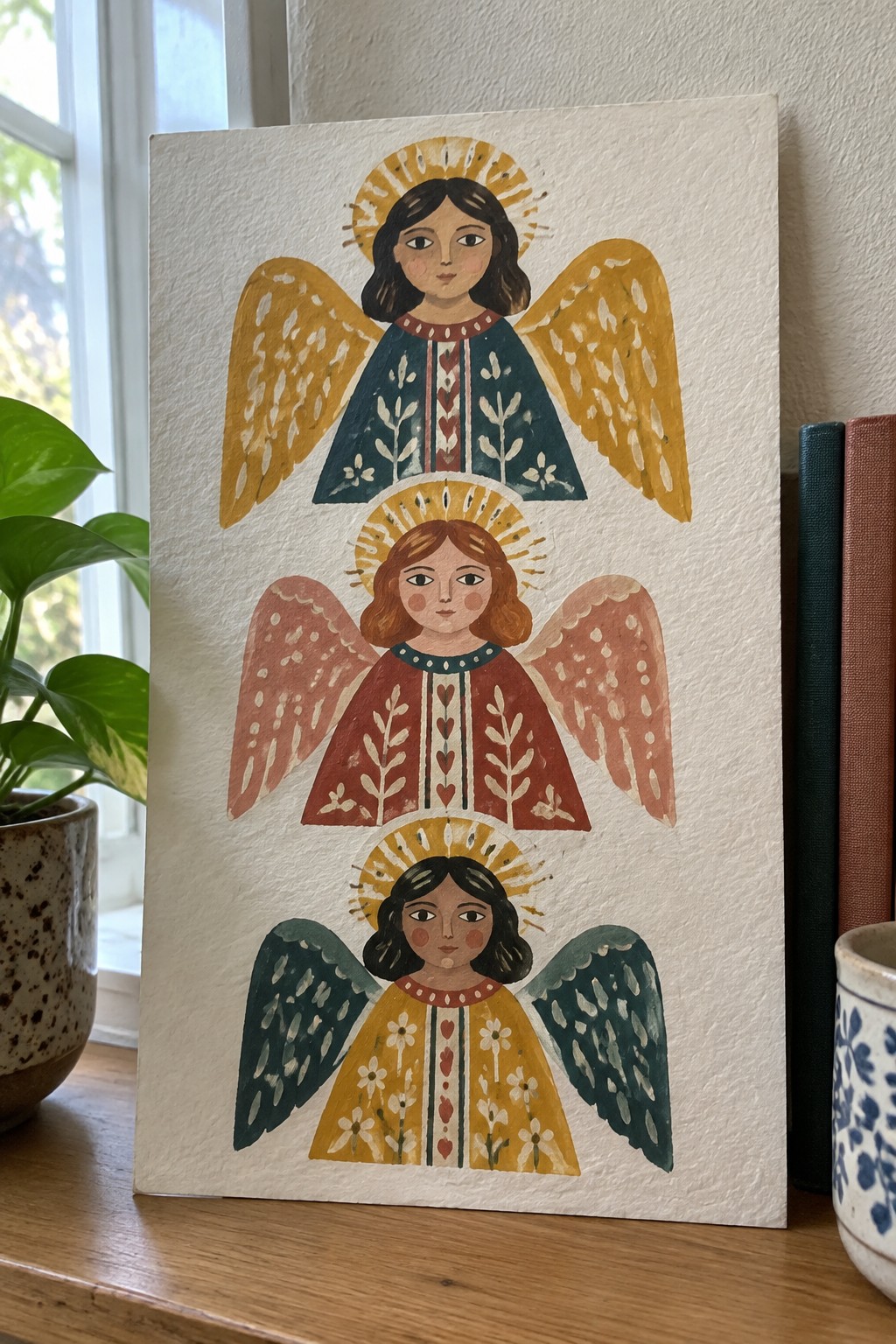 Three stacked folk-art angels in patterned robes with golden halos and colorful wings