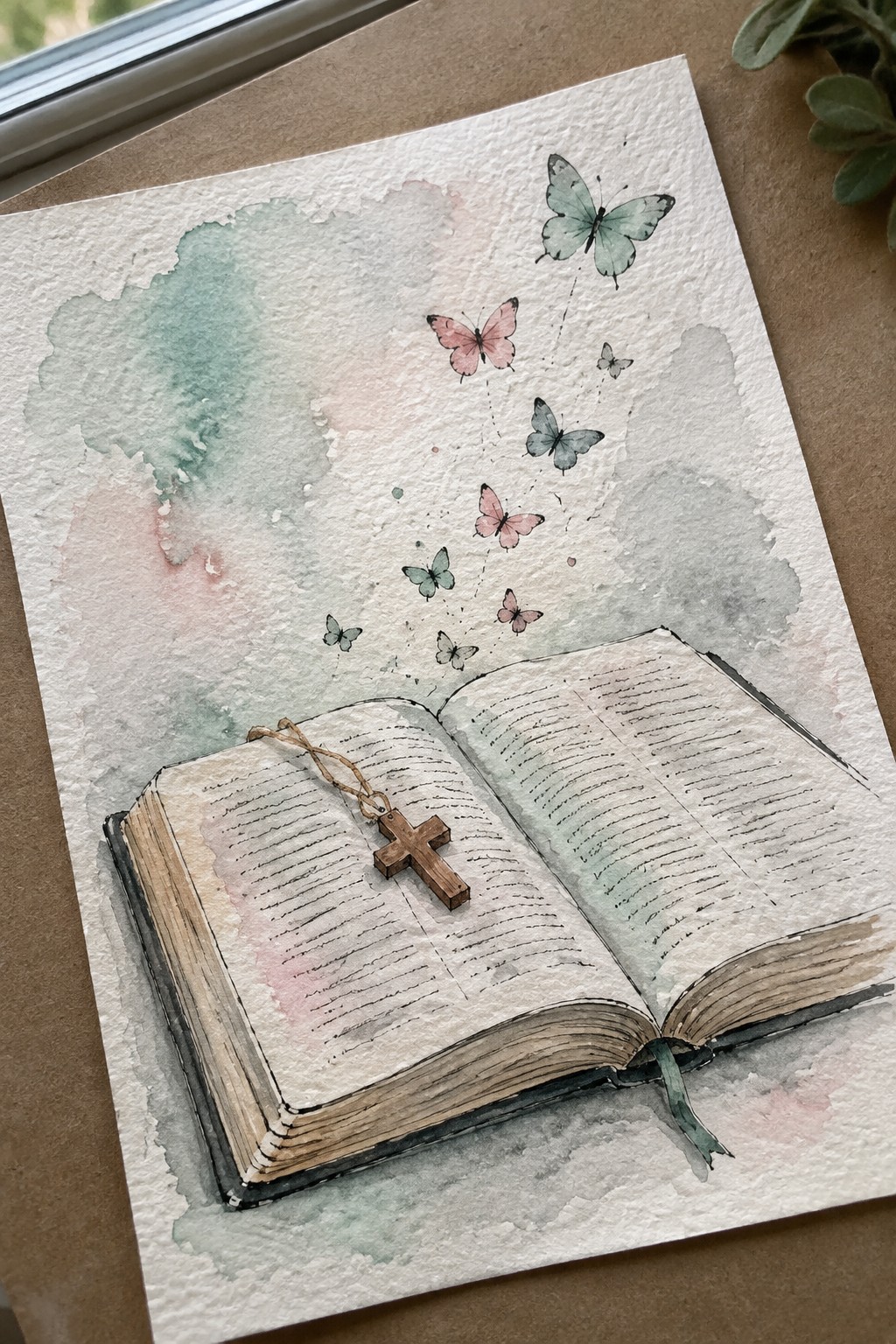 Open book with wooden cross and colorful butterflies in soft watercolor style