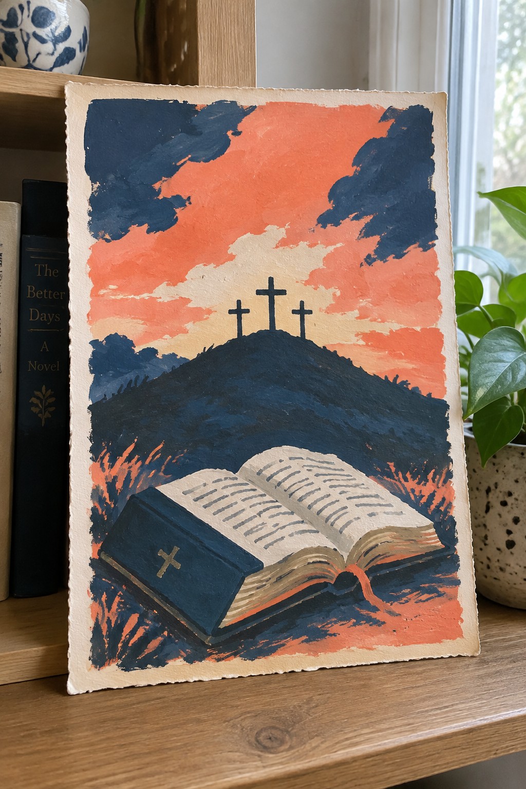 Open book with cross before three crosses on hill under orange-blue sky