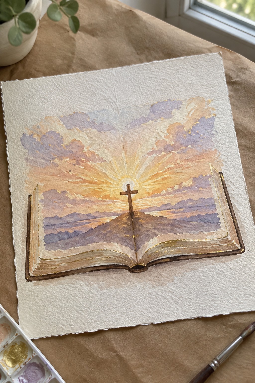 Watercolor of open book showing sunset landscape with cross, purple clouds, and gold accents.