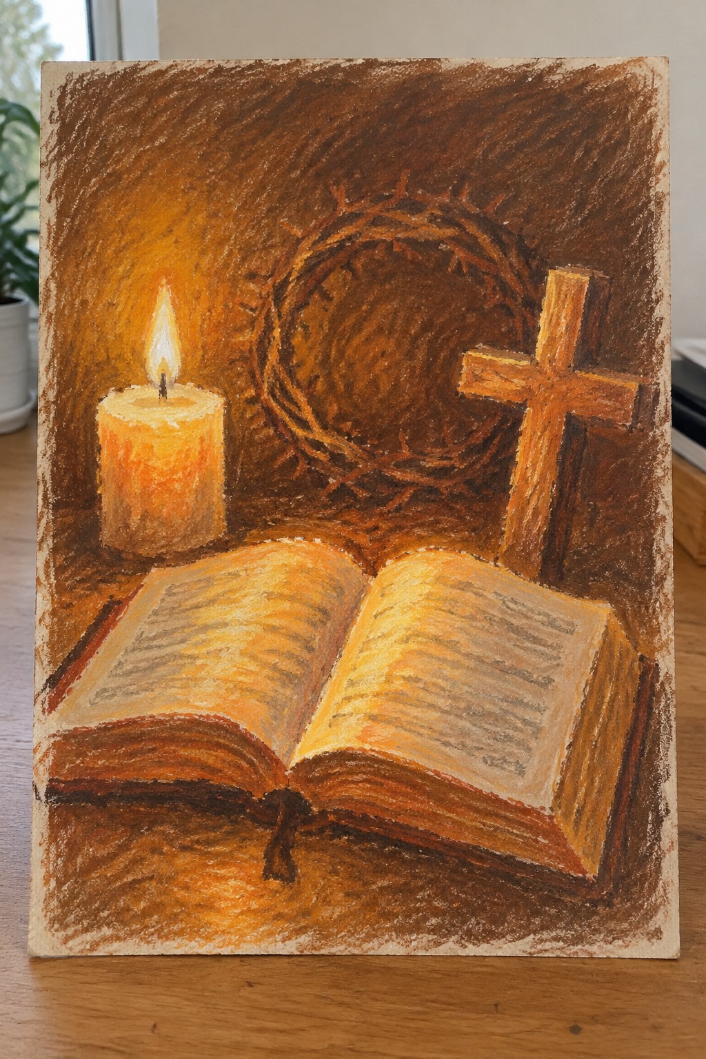 Open Bible, lit candle, crown of thorns, and wooden cross in warm-toned painting.