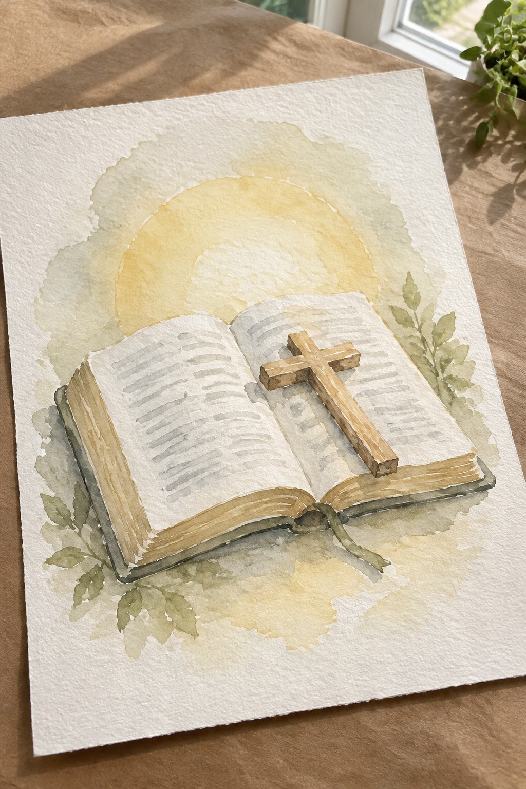Watercolor of open book with wooden cross, yellow sunburst, and green leaves.