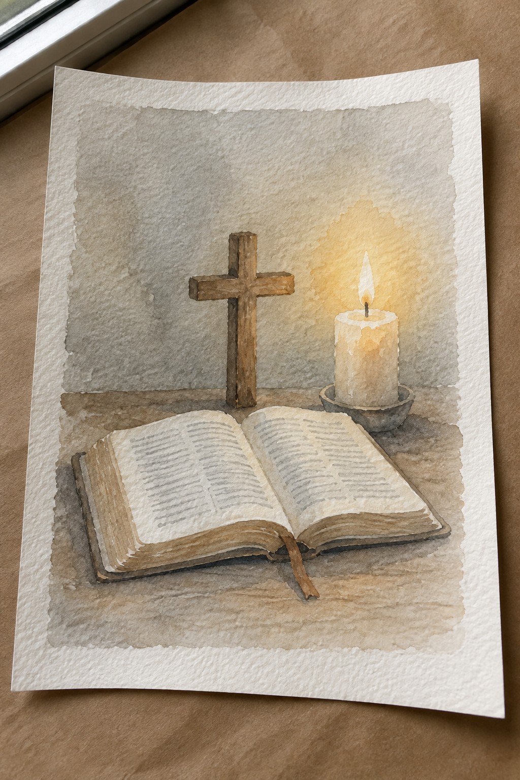 Watercolor of open book, wooden cross, and lit candle with warm glow.