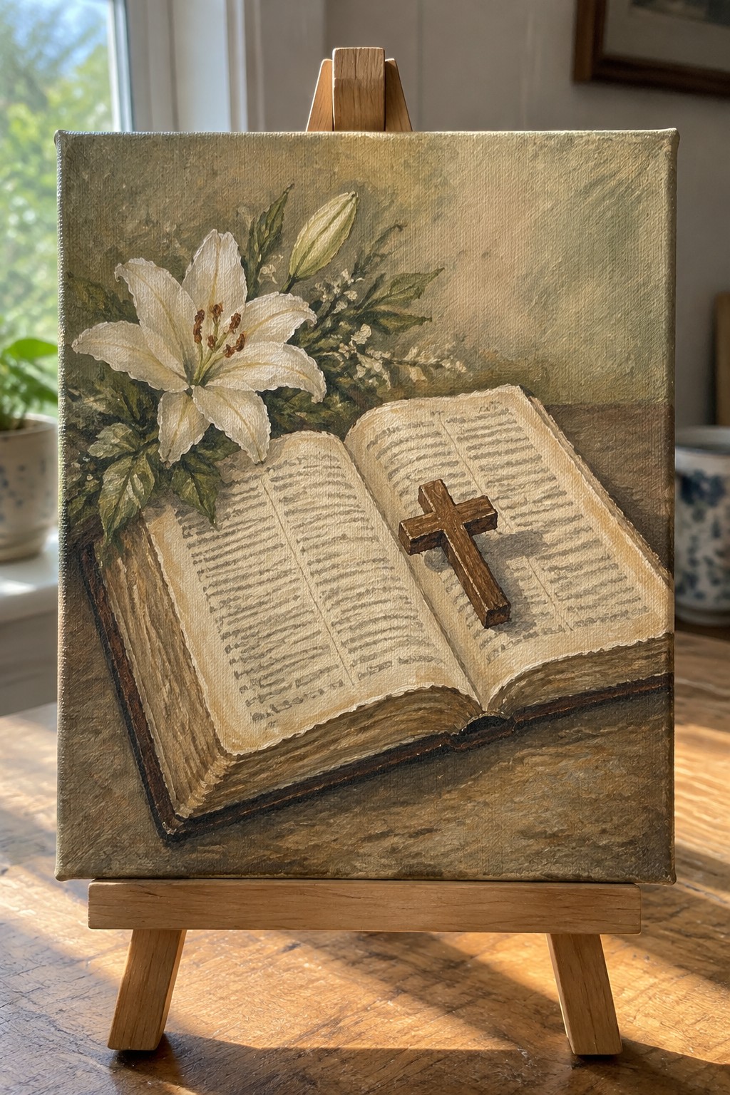 Painting on easel of open Bible with wooden cross and white lilies