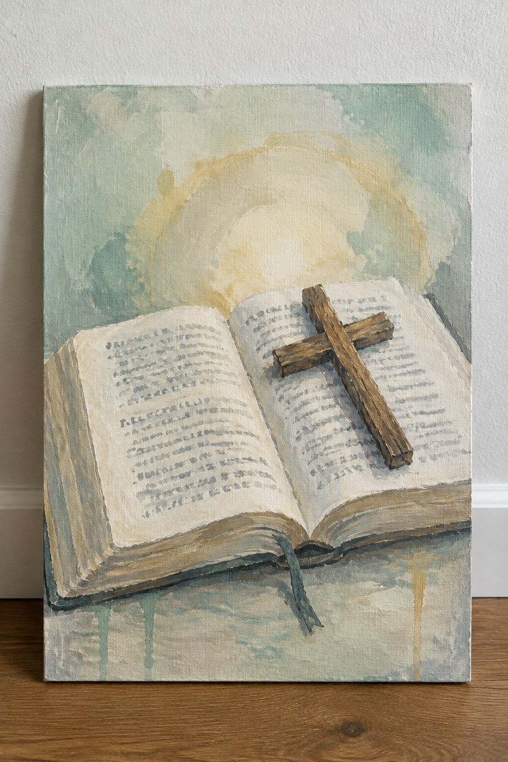 Open book with wooden cross on pages against soft glowing green and yellow background.