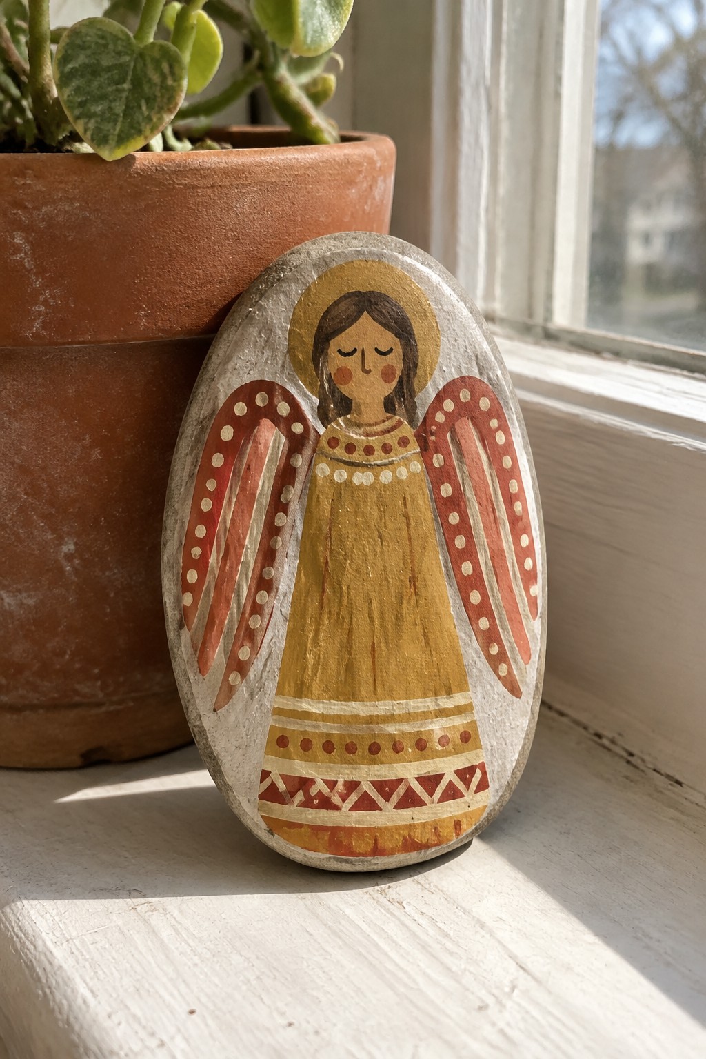 Painted stone angel with yellow dress, red dotted wings, and halo beside potted plant