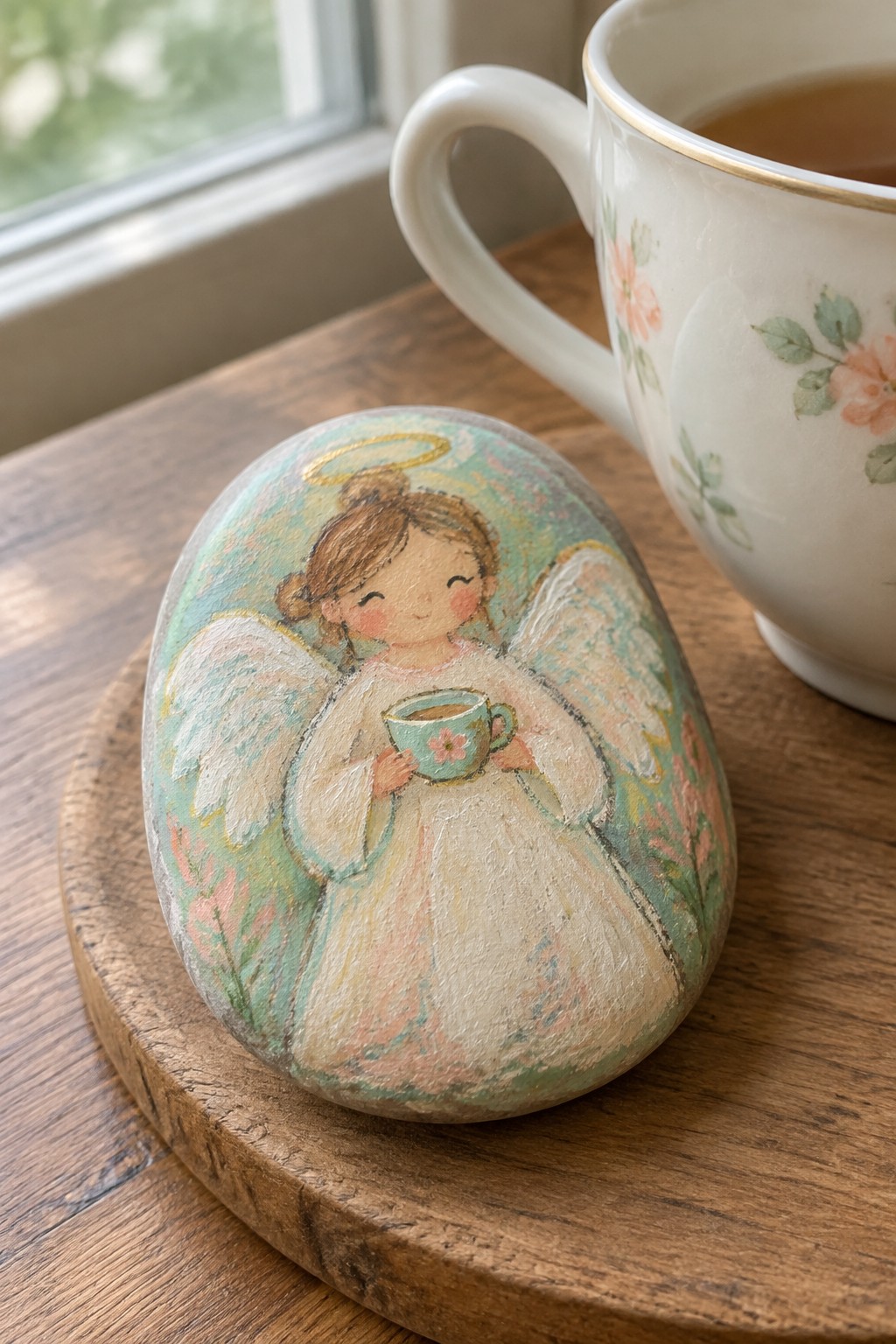 Painted rock showing an angel in a white dress with wings and halo holding a small teal teacup, sitting on a wooden board next to a floral mug.