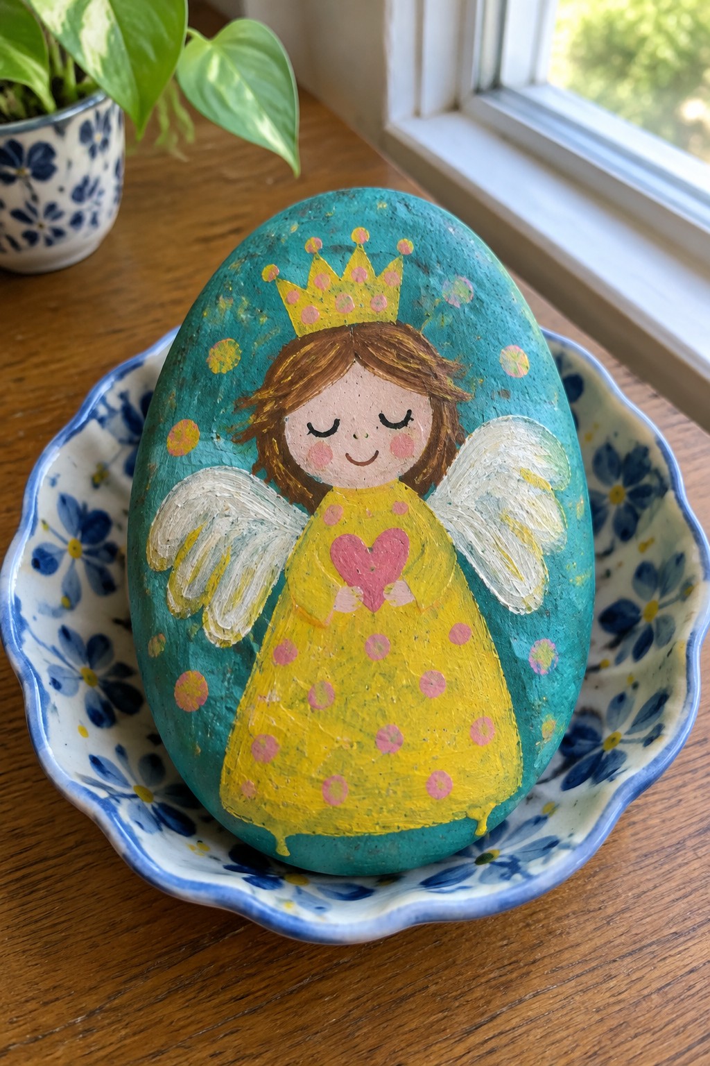 Painted turquoise rock showing fairy princess in yellow polka dot dress with wings and crown