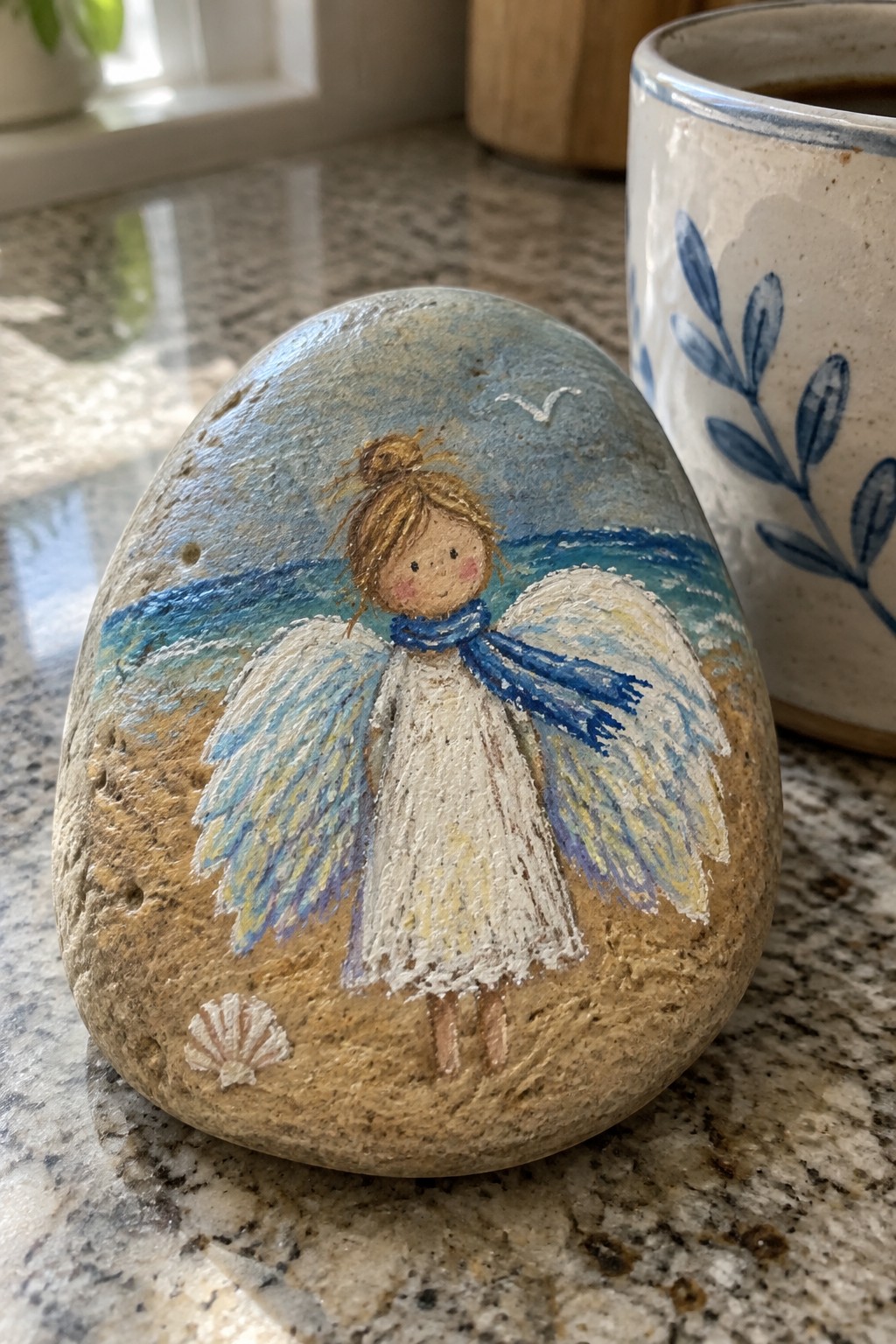 Painted rock with angel in white dress and blue wings on beach beside mug