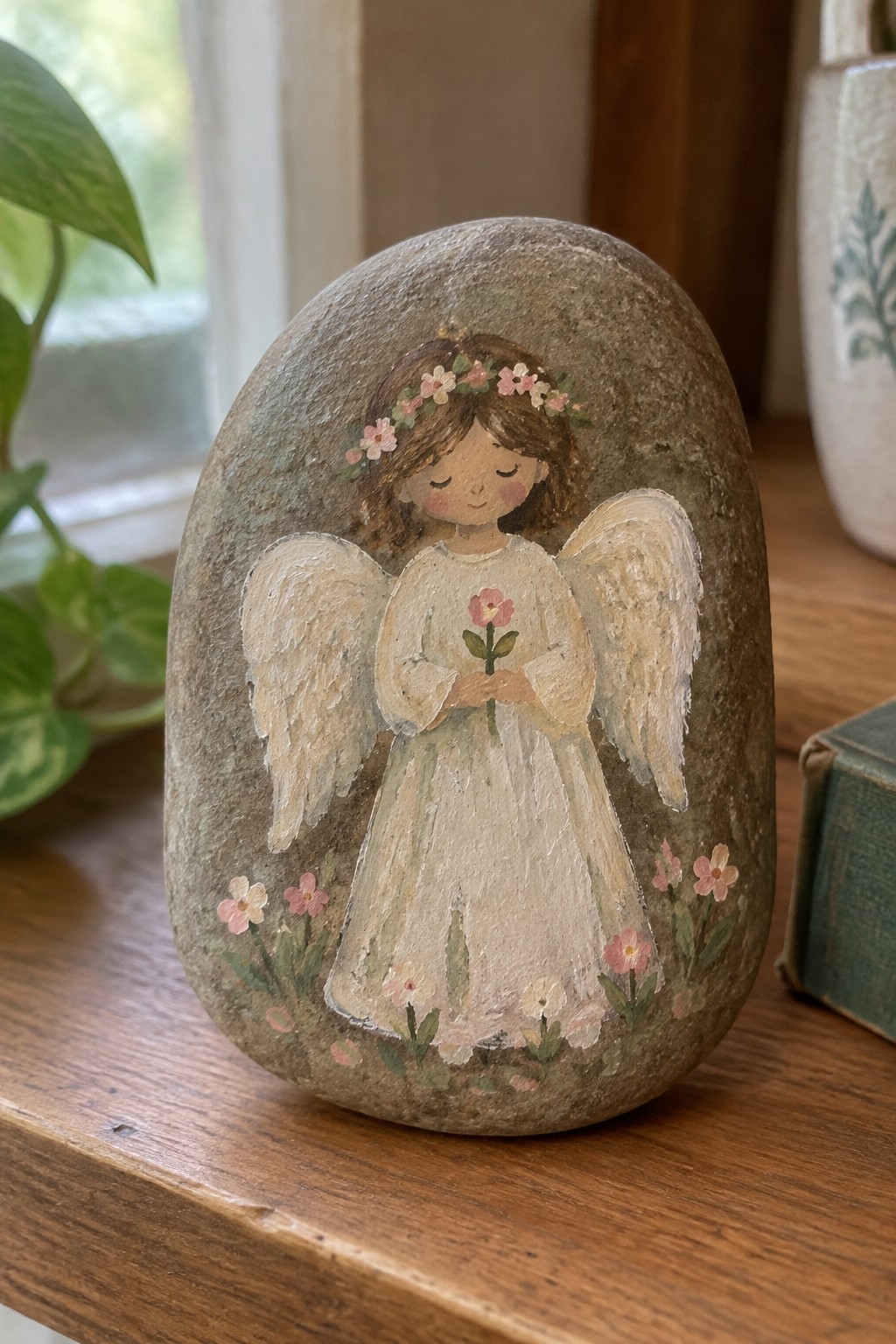 Painted rock of angel with brown hair, flower crown, white dress and wings.