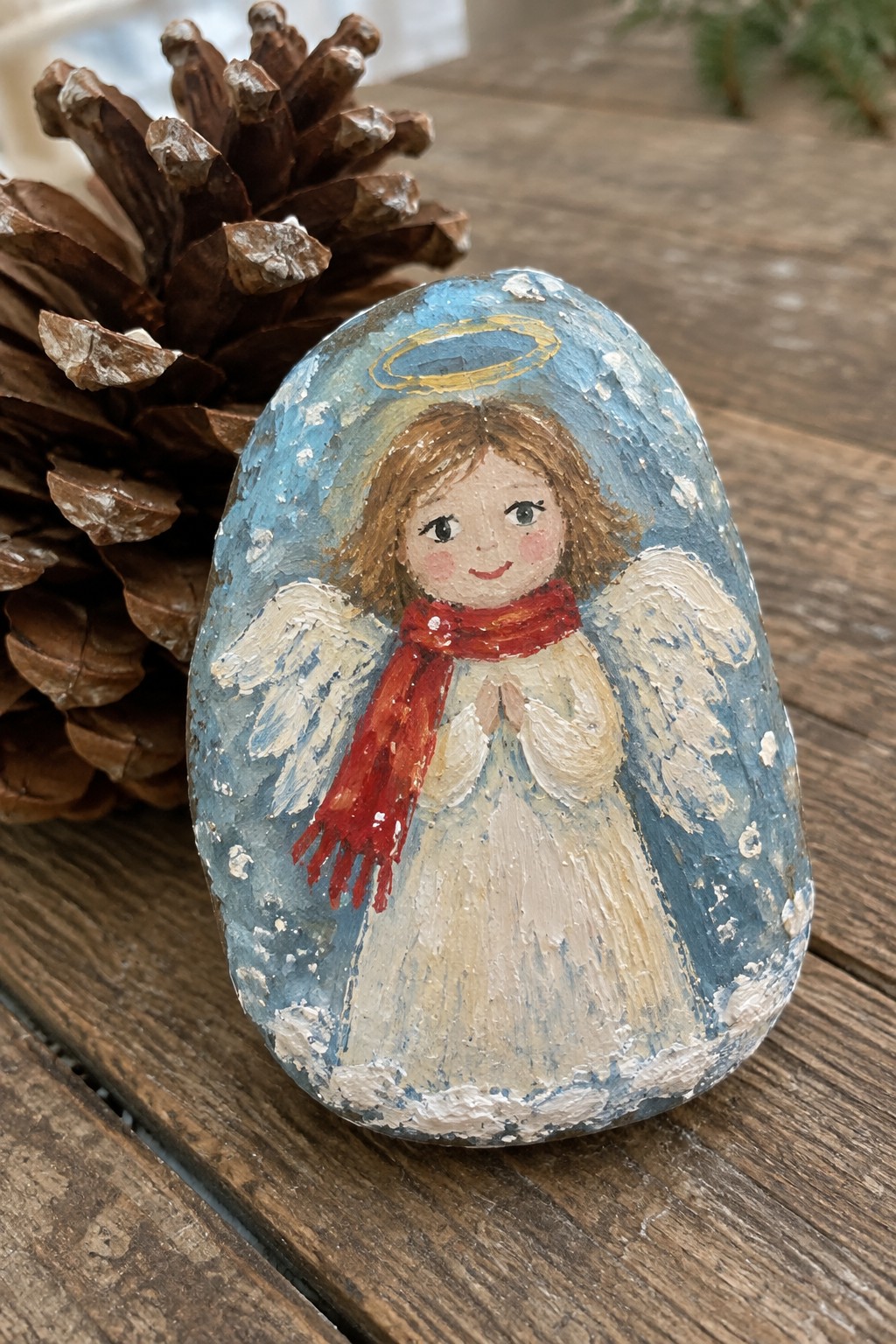 Painted rock angel with brown hair, red scarf, white wings beside pinecone on wood.