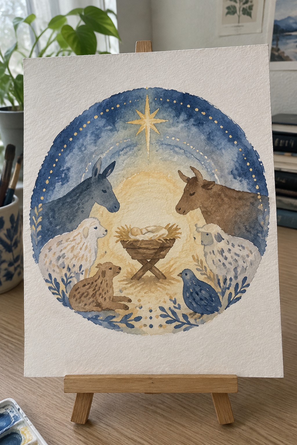 Watercolor nativity scene in circular frame with animals around manger under golden star