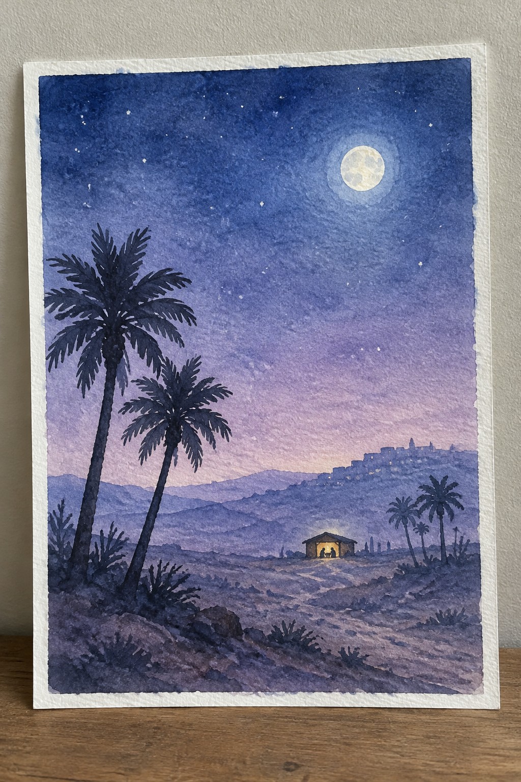 Watercolor night landscape with full moon, starry sky, palm trees, and distant lit town