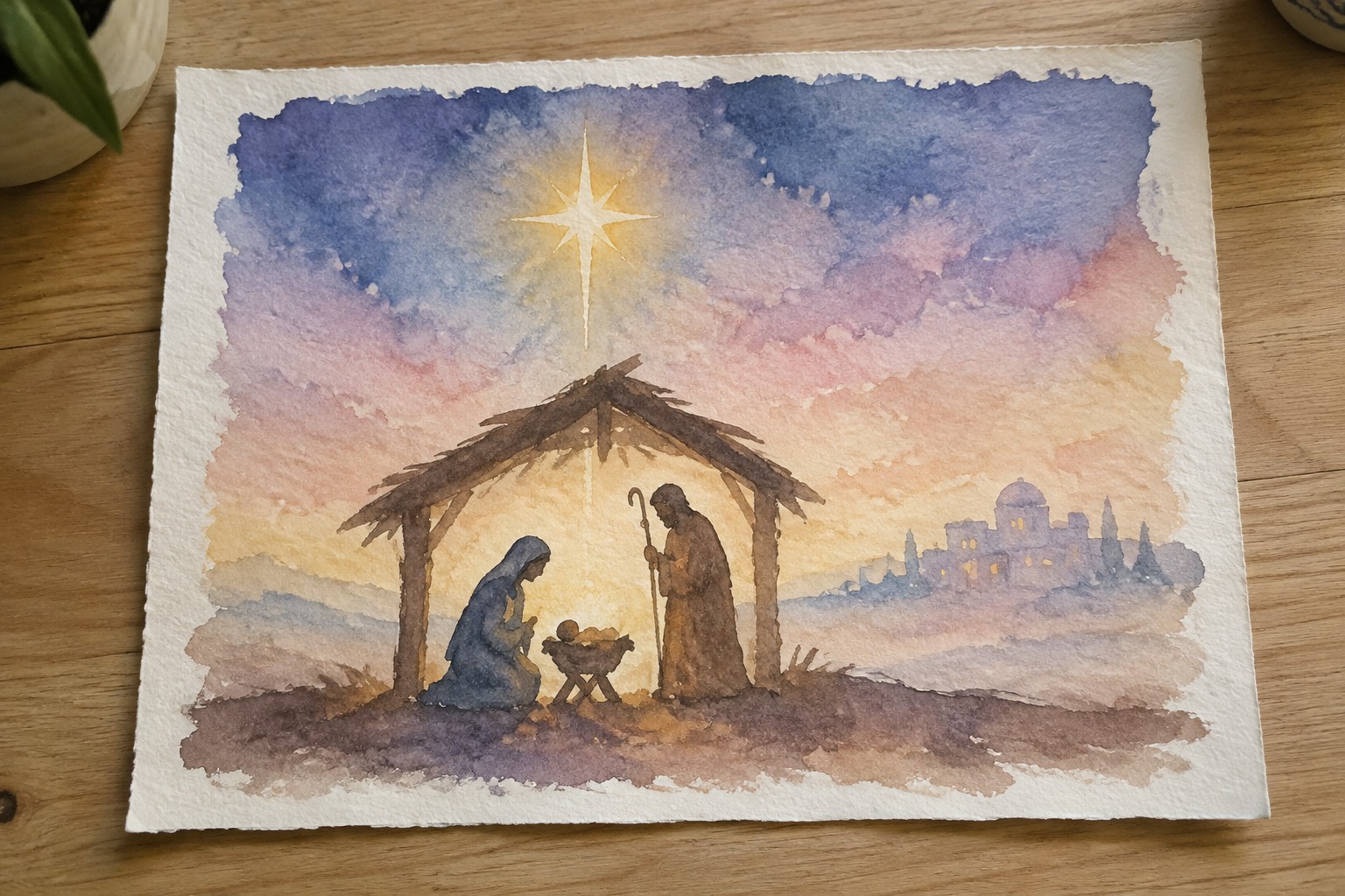 Watercolor nativity: Mary in blue kneels by manger, Joseph with staff under golden star.