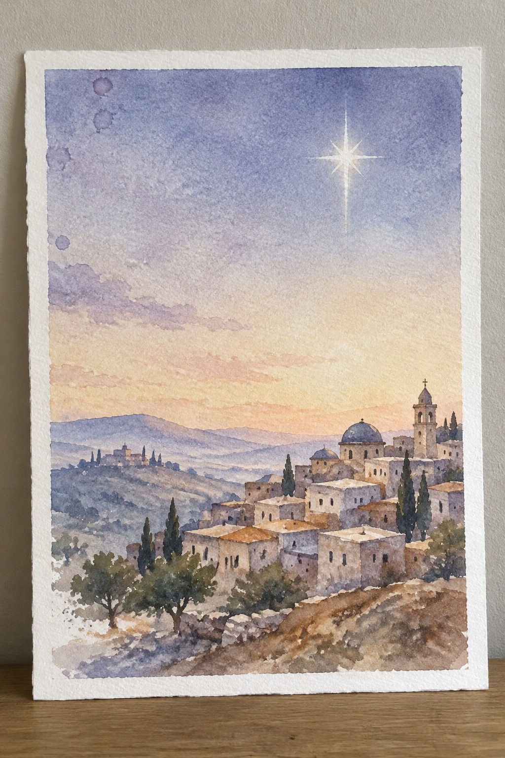 Watercolor of hillside village with stone buildings, church tower, and bright star in sunset sky