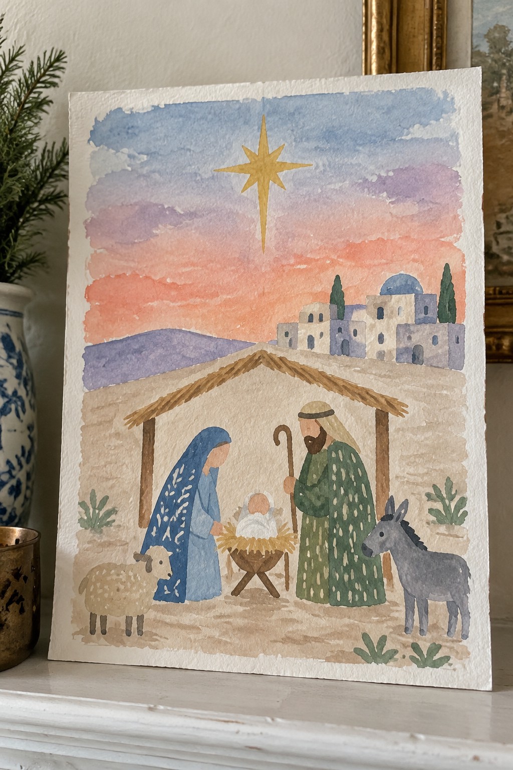 Watercolor nativity with Mary in blue, Joseph in green, baby in manger, sheep and donkey