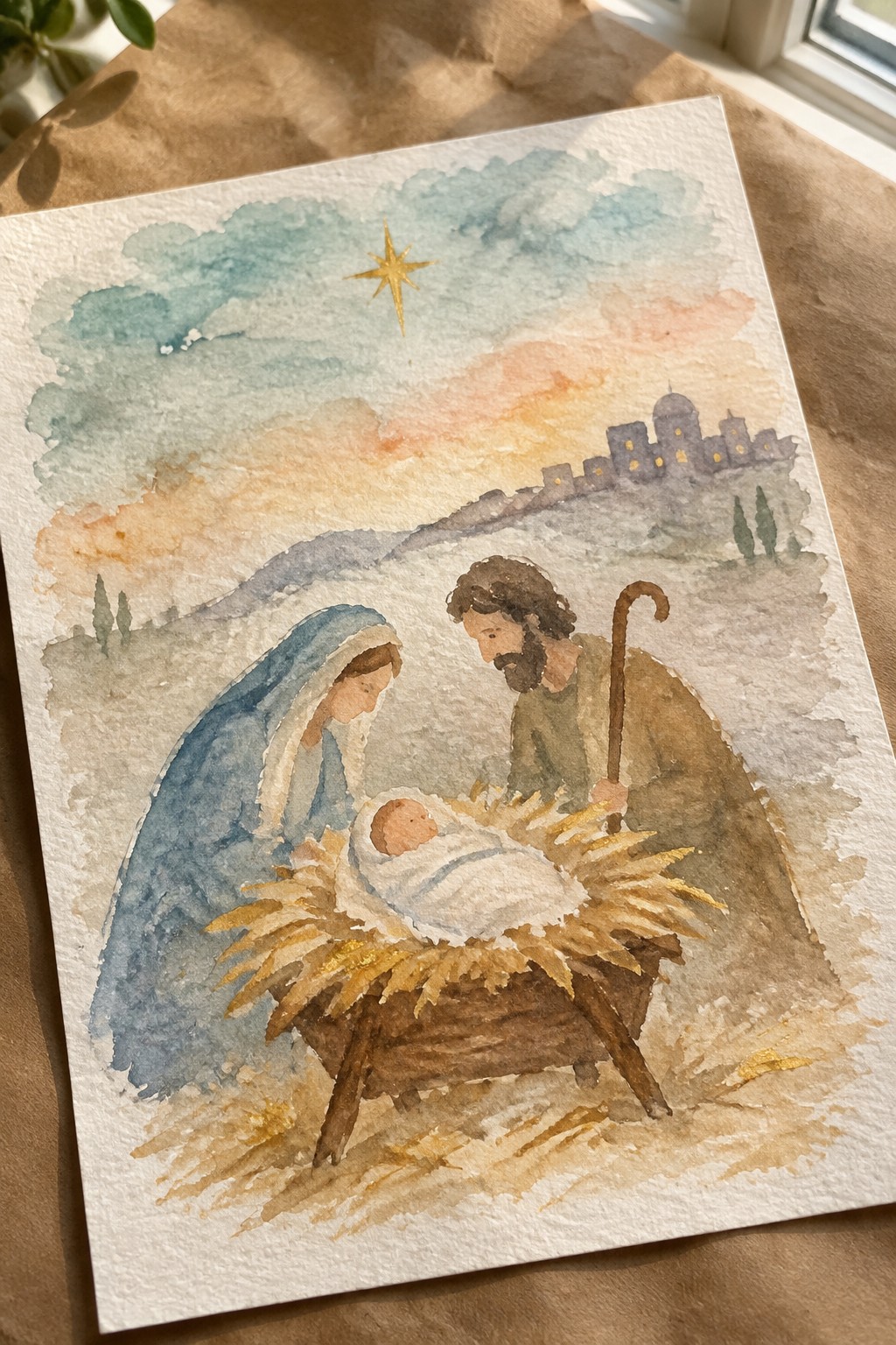 A watercolor painting shows Mary and Joseph beside a baby in a straw manger, with a star overhead and a town on a distant hill.