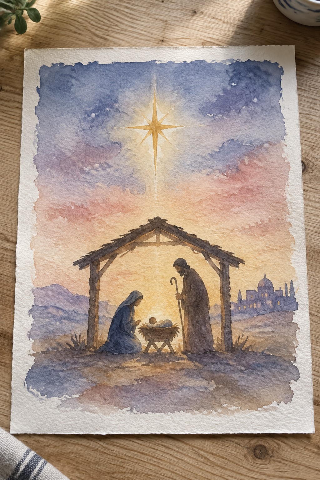 Watercolor nativity: Mary in blue kneels by manger, Joseph with staff under golden star.