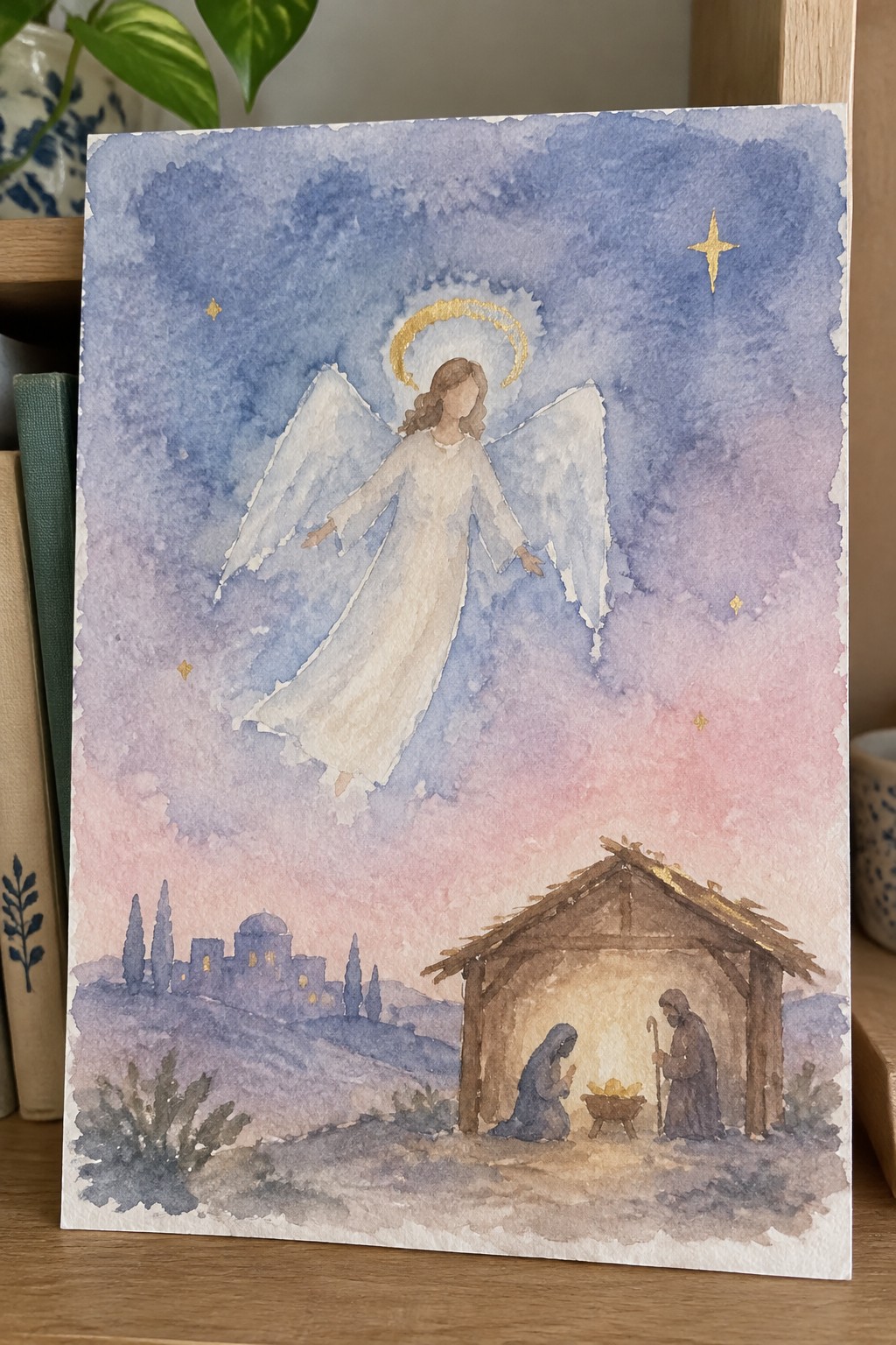 Watercolor nativity with angel, golden halo, Mary, Joseph, and manger under starry sky