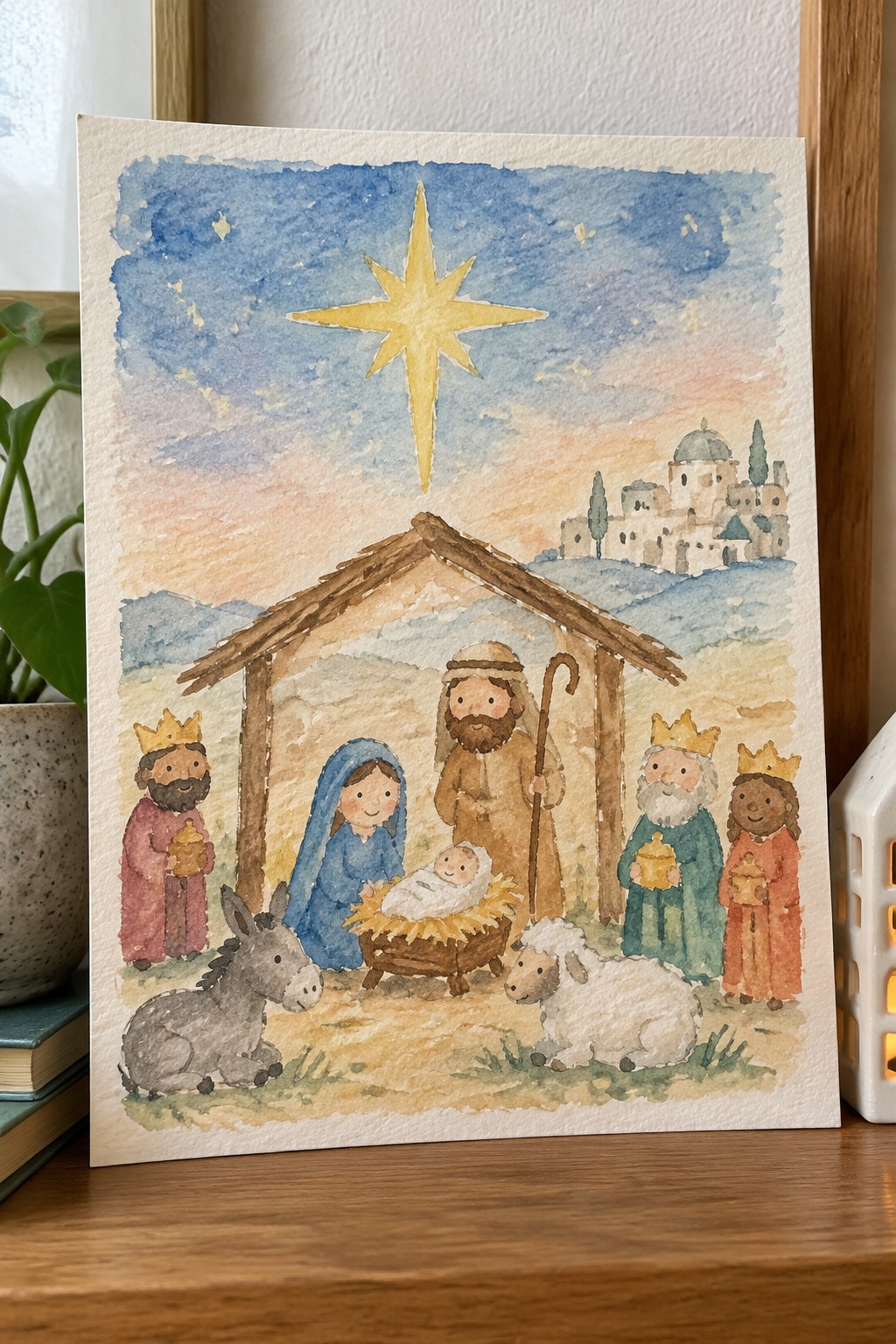 Watercolor nativity with Mary in blue, Joseph, baby Jesus, three crowned kings, donkey and sheep.