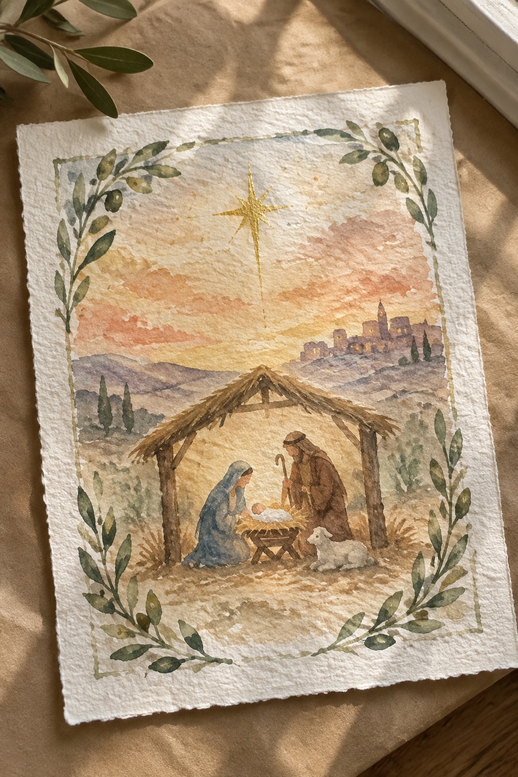 Watercolor nativity scene with Mary in blue, Joseph in brown, manger, lamb under golden star