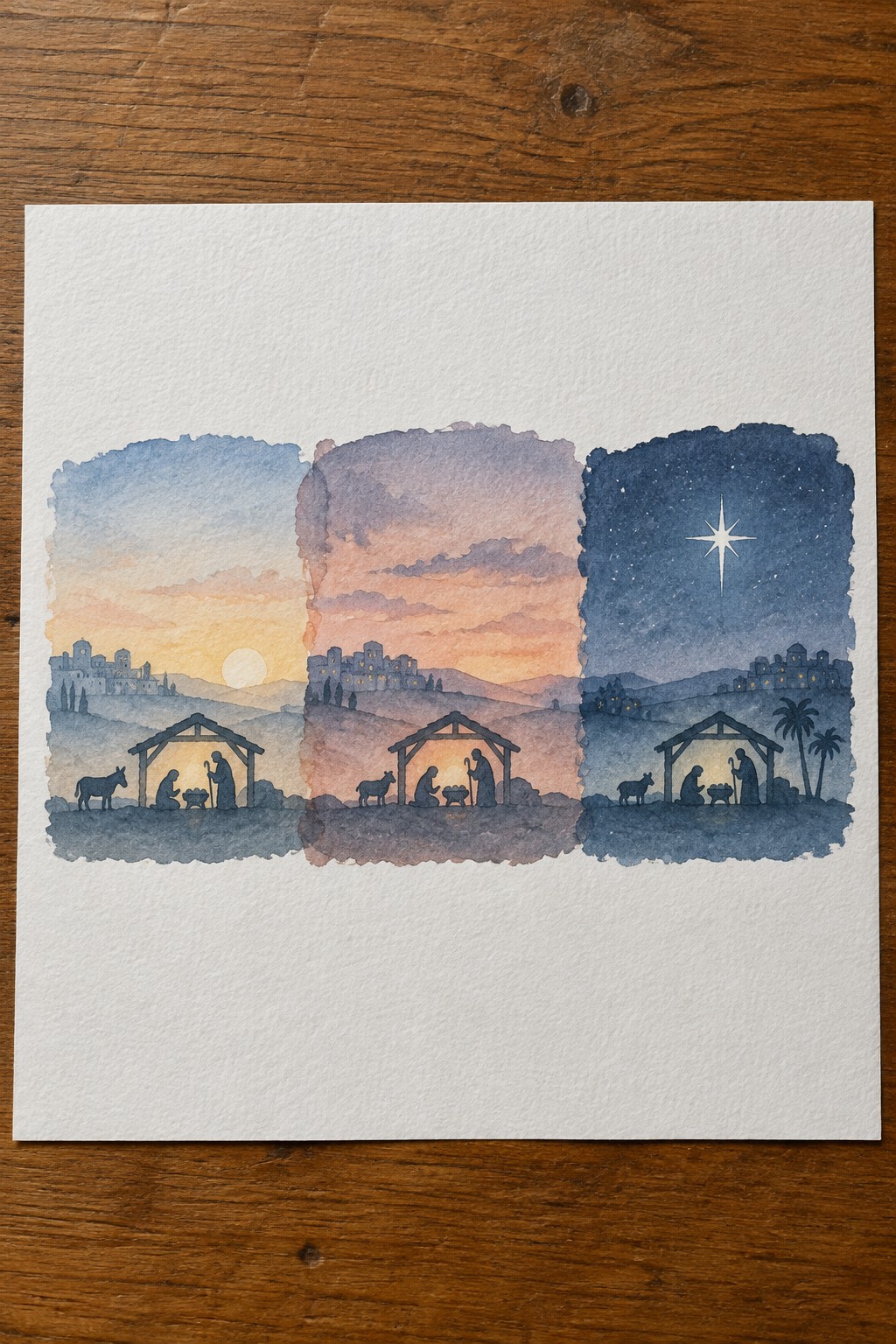 Watercolor triptych of nativity from sunset through twilight to starry night with bright star.