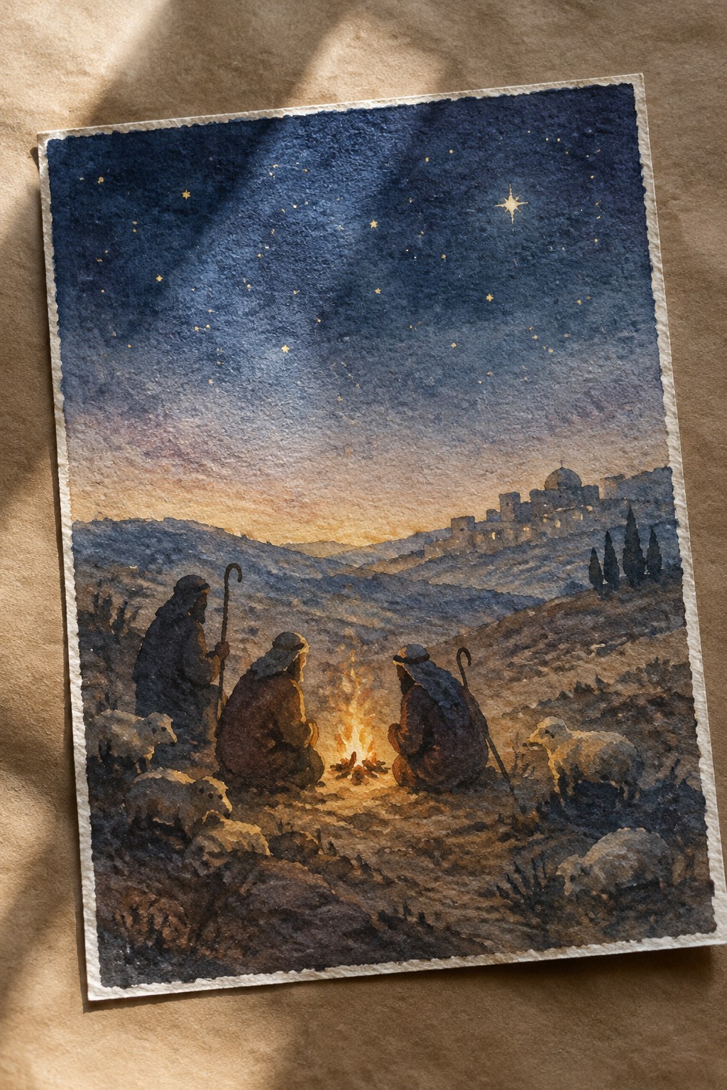 Three shepherds by campfire under starry sky with sheep and distant town