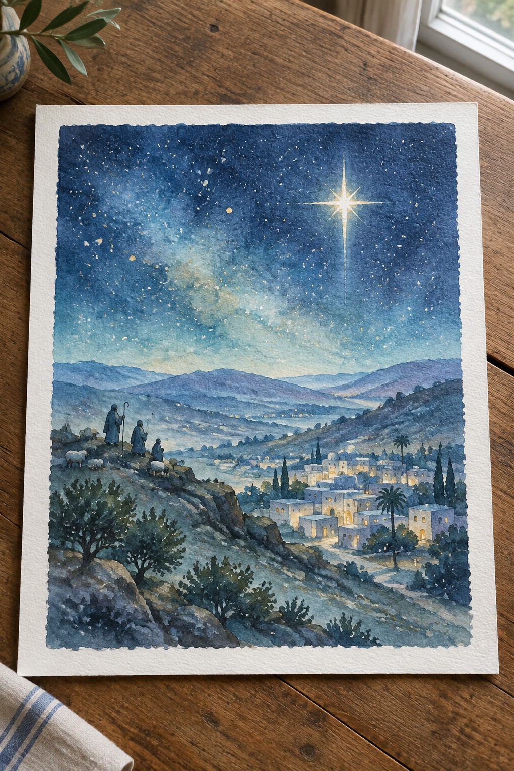 Watercolor of robed shepherds with sheep on hill under bright star above lit village