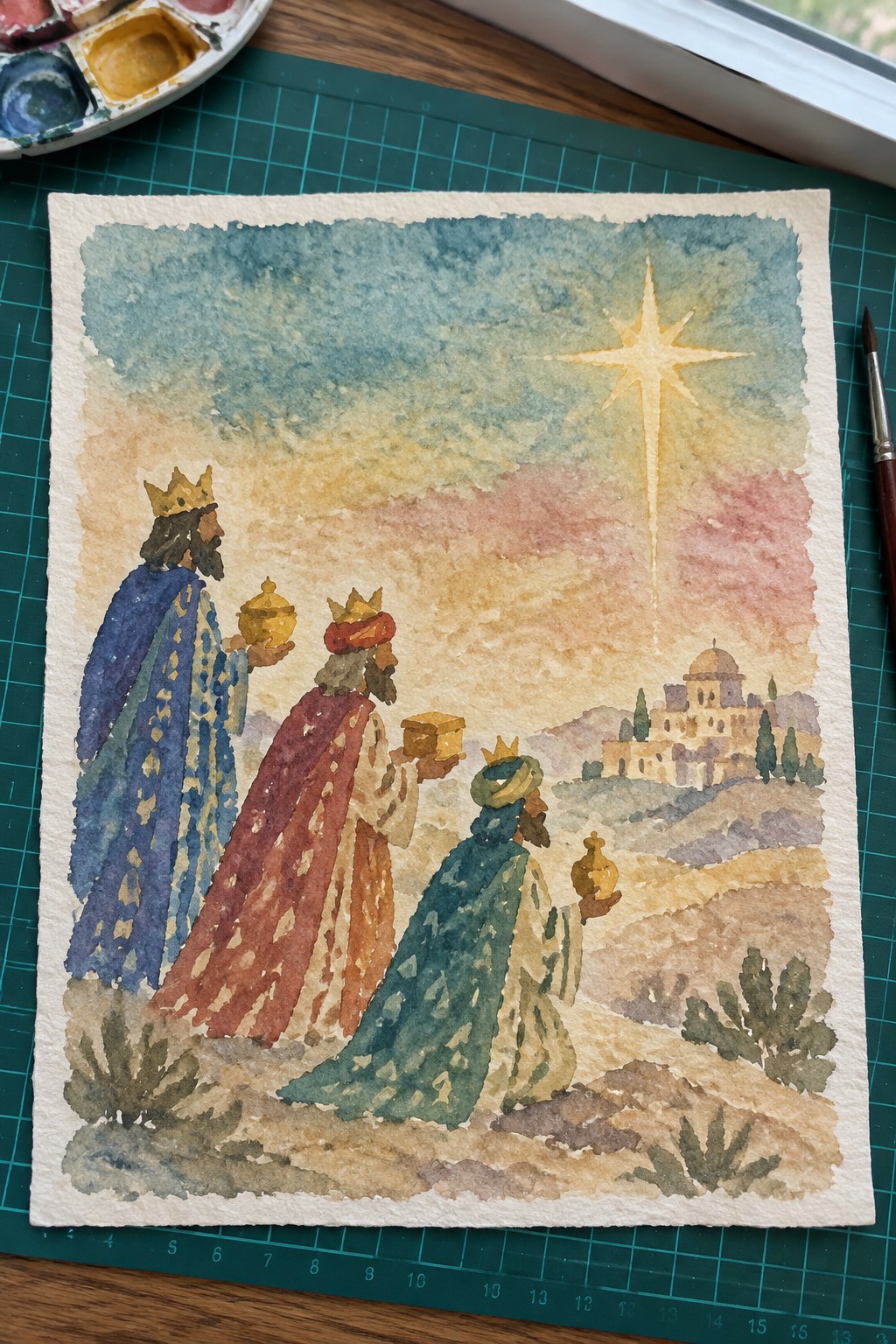 Watercolor painting of three crowned figures carrying gifts walking toward a city under a large star in a colorful sky.