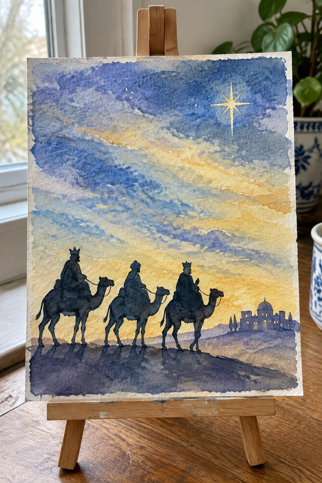 Three silhouetted kings on camels ride toward a glowing town under a radiant star in watercolor.