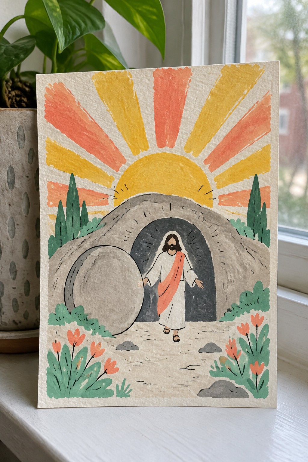 Watercolor of Jesus in white robe with orange sash exiting stone tomb under vibrant sunrise rays