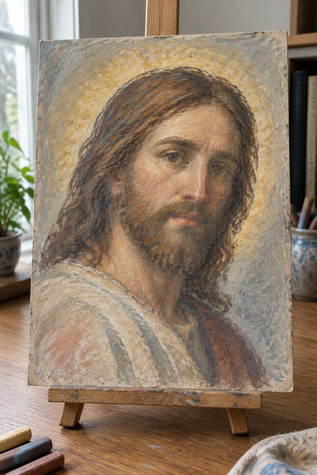 Pastel portrait of Jesus with long hair and beard on wooden easel in studio