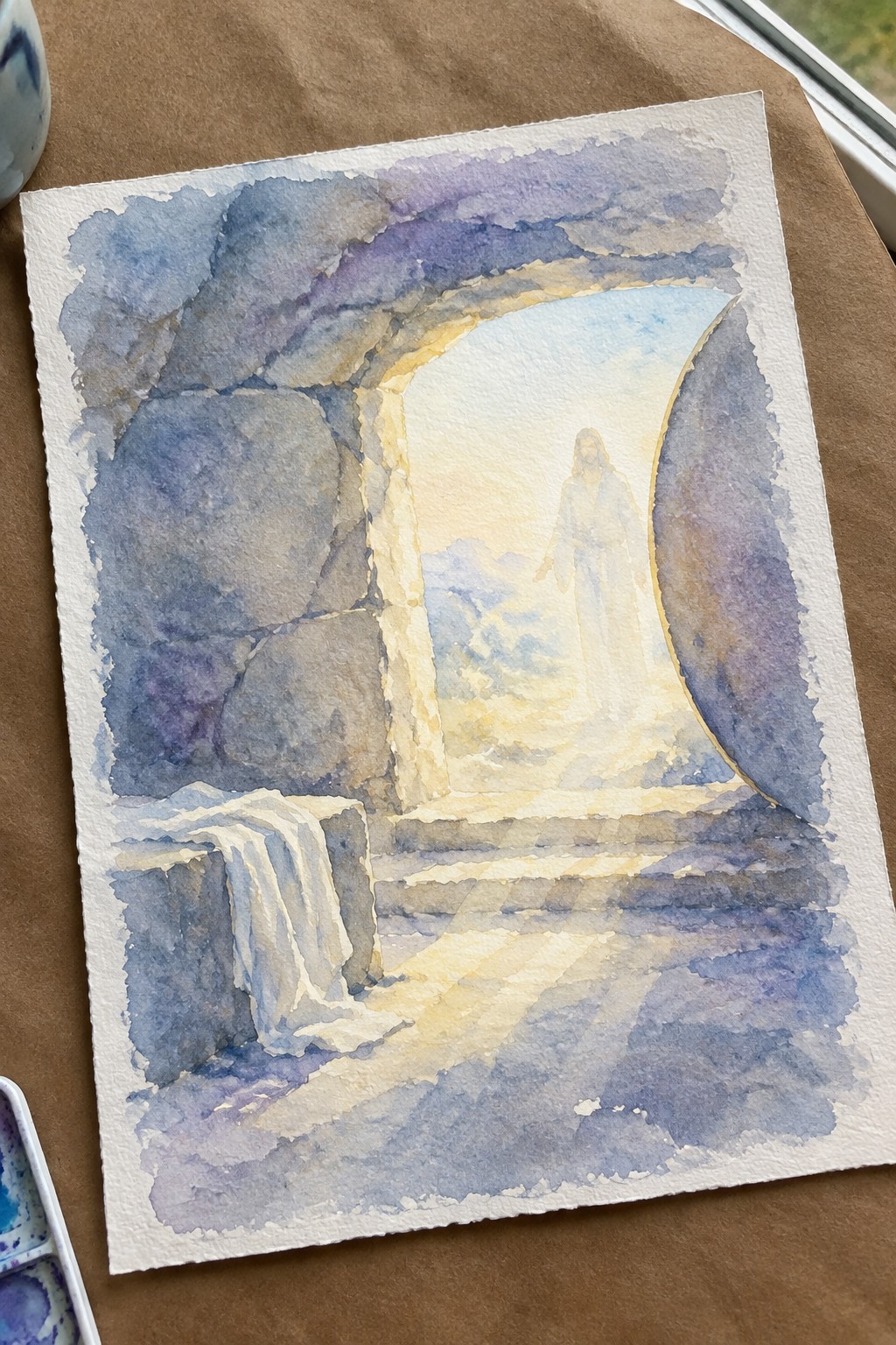 Watercolor of stone tomb archway with draped cloth and glowing robed figure in light