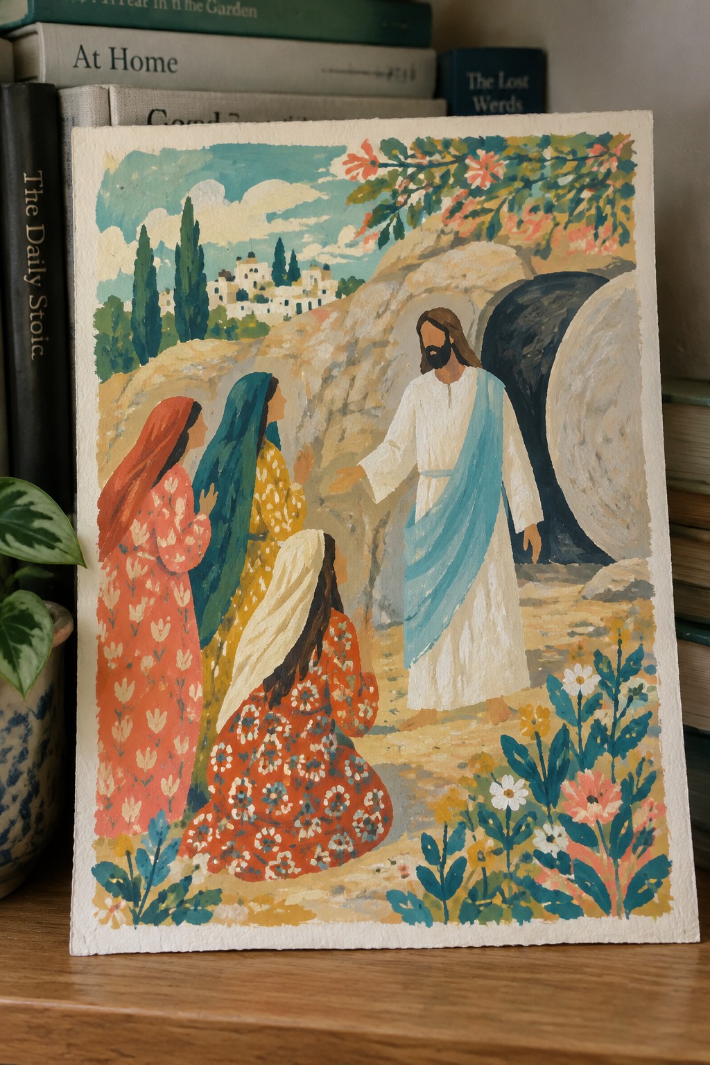 Colorful painting of Jesus greeting three women in patterned robes by empty tomb with flowers