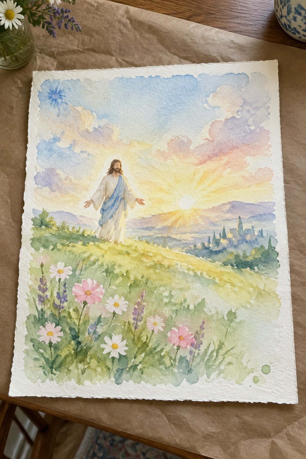 Watercolor Jesus in white robe with blue sash, arms outstretched in vibrant flower meadow at sunset