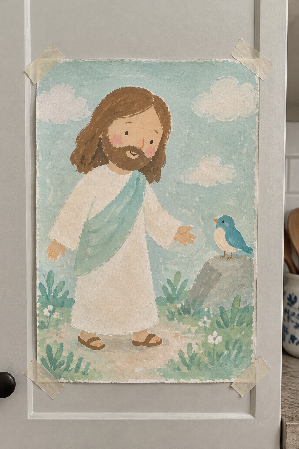 Watercolor of Jesus in white robe with teal sash reaching toward blue bird on rock
