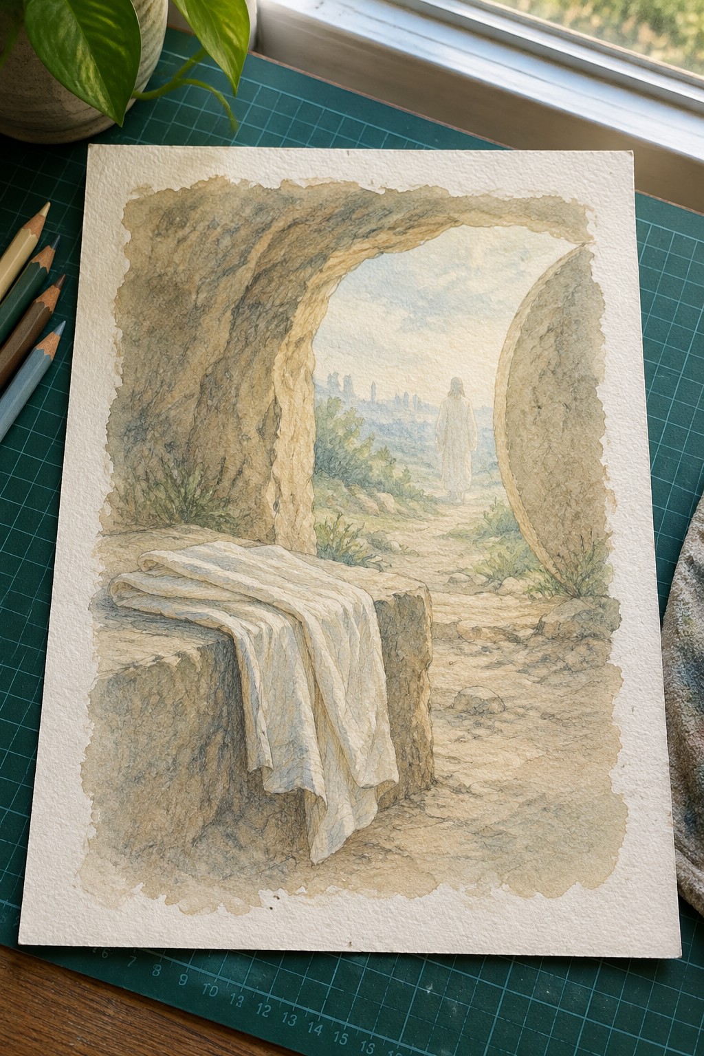 Watercolor of empty tomb with folded white linens, rolled stone, and distant robed figure