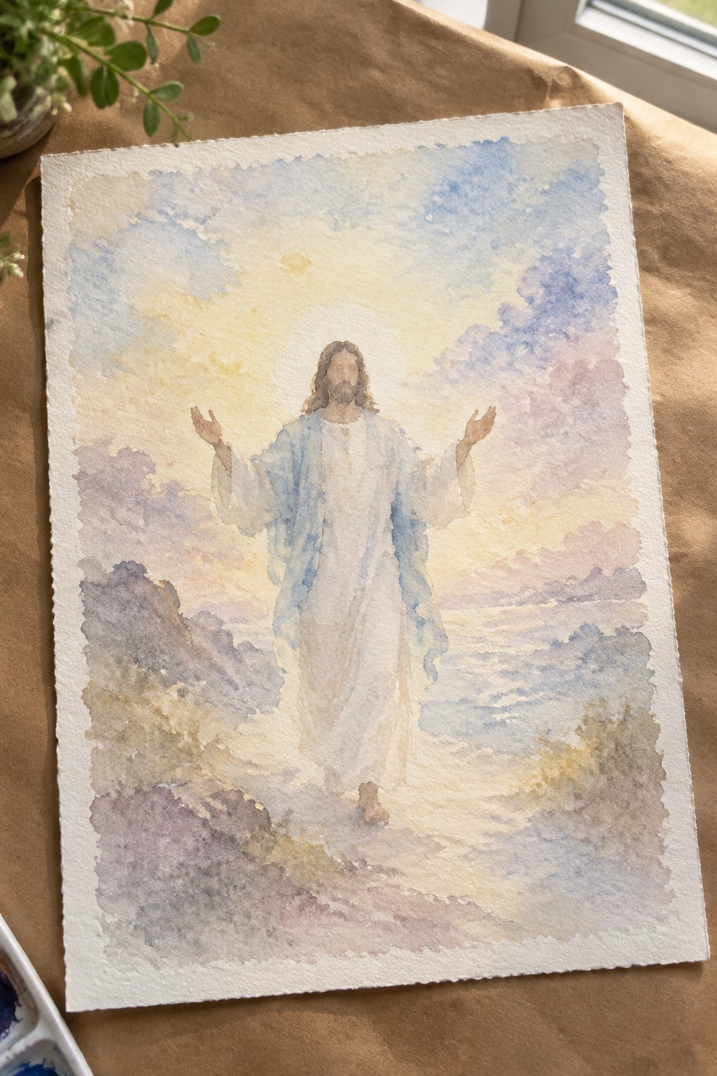 Watercolor of Jesus in white robe and blue cloak, arms raised before pastel sky.