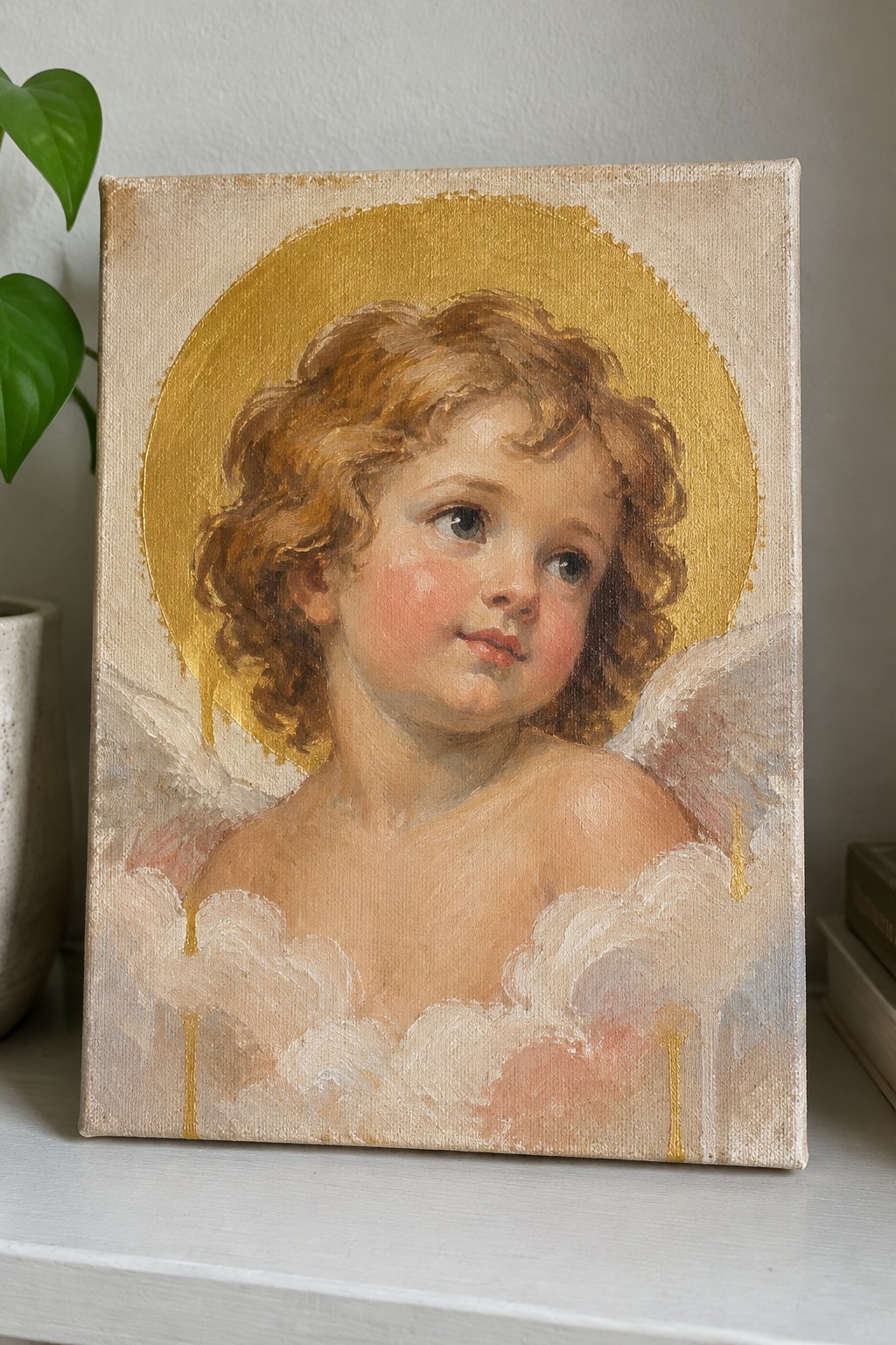 Cherub with curly hair, golden halo, and white wings in classical oil painting