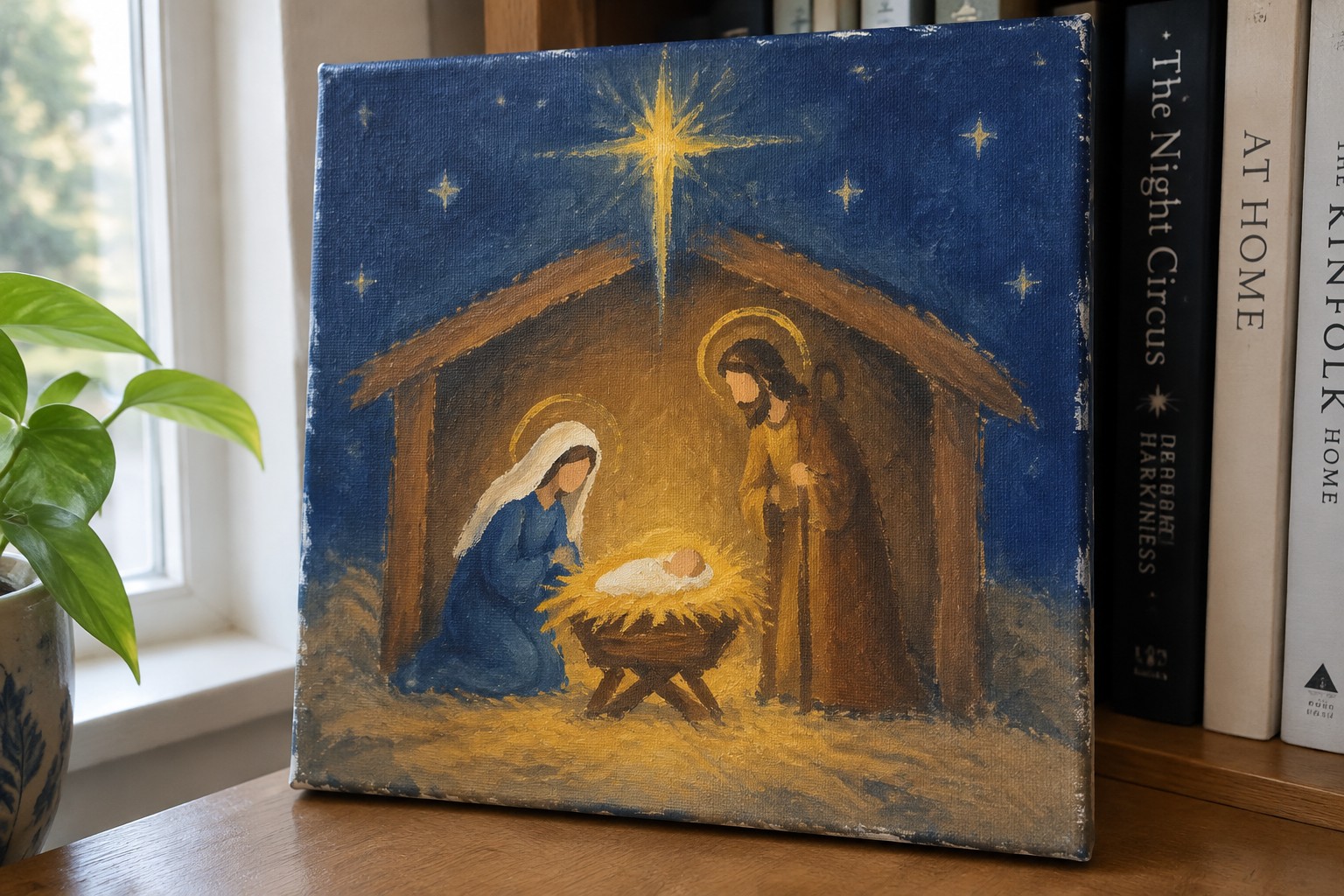 Nativity painting with Mary in blue, Joseph, baby Jesus, and glowing star over stable.