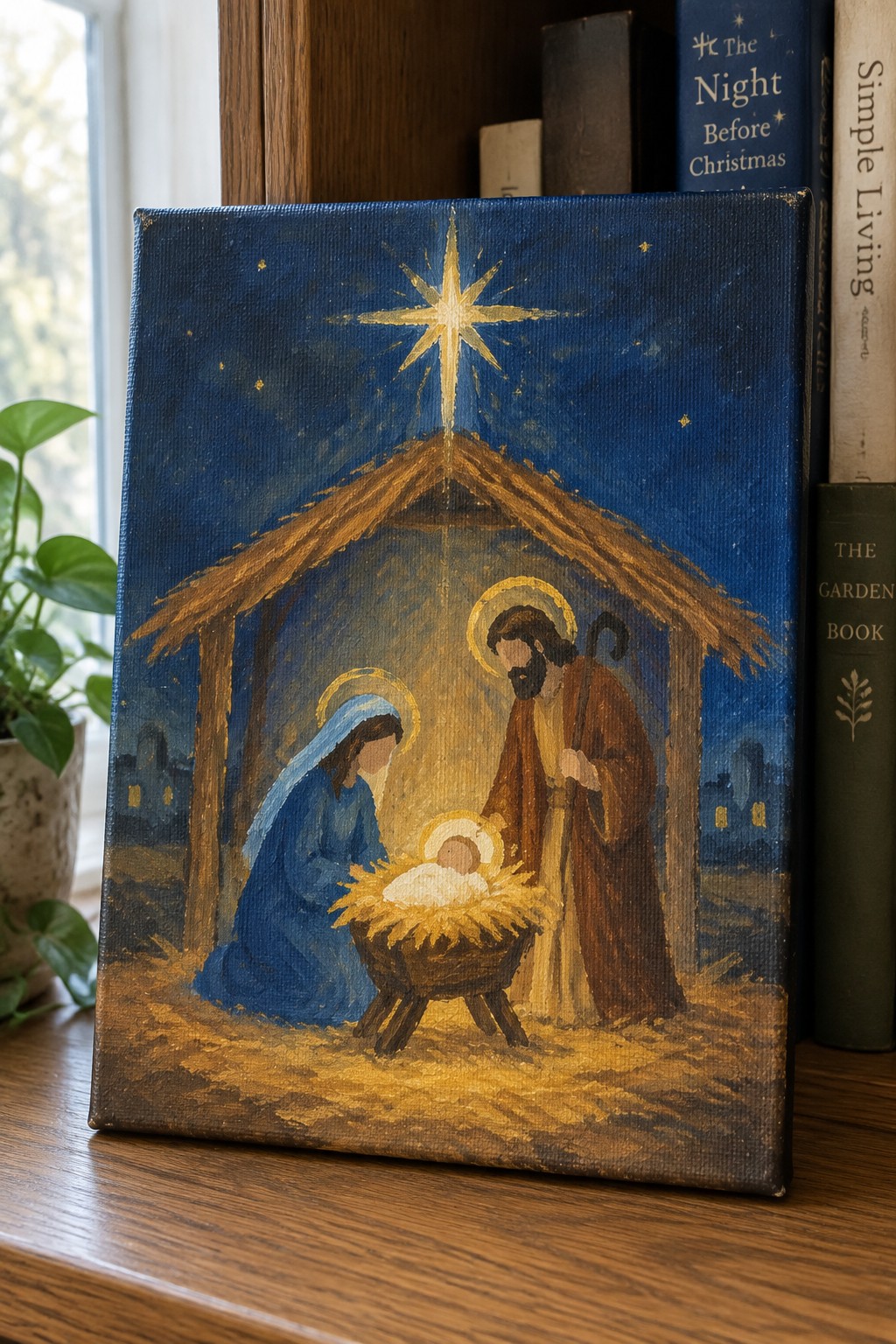 Nativity painting with Mary in blue, Joseph, baby Jesus, and glowing star over stable.